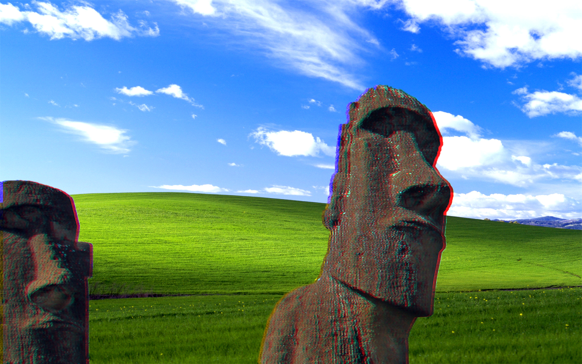 General 1920x1200 vaporwave glitch art Windows XP hills Moai humor bliss Charles O'Rear digital art photo manipulation