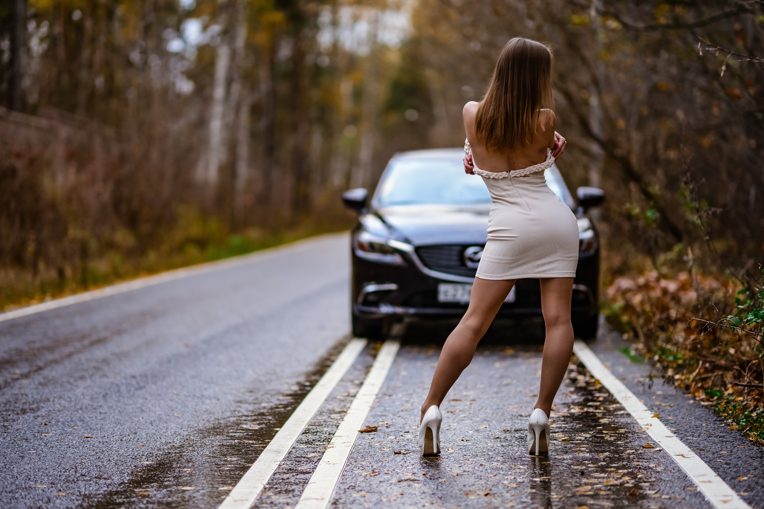 People 2560x1707 women model bare shoulders back dress white dress high heels standing Mazda car black cars forest fall road outdoors women with cars red nails ass Mazda 6 Ilya Pistoletov heels Japanese cars