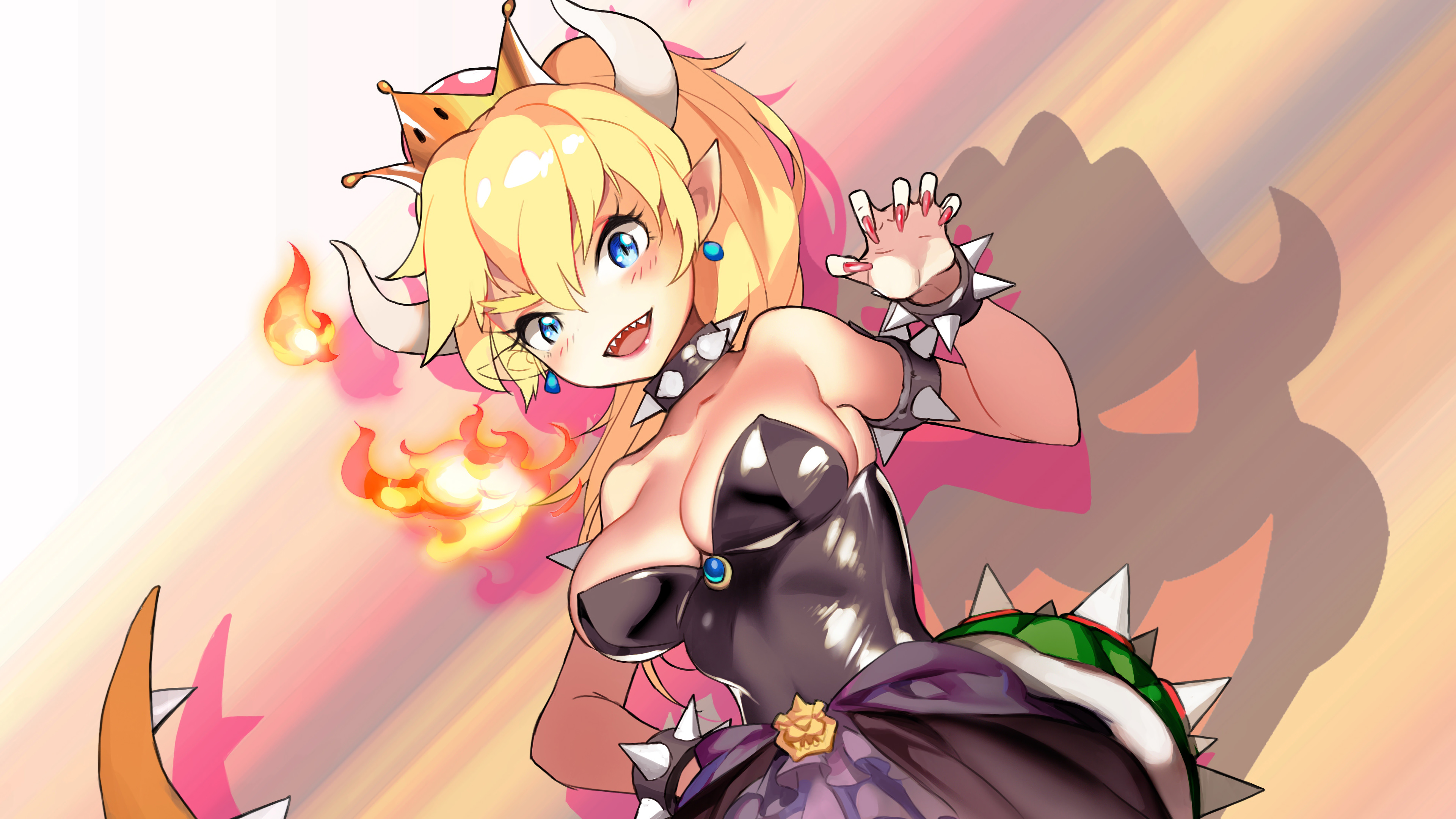 Anime 3840x2160 Bowsette anime big boobs boobs blonde horns anime girls Nintendo video games super crown video game girls necklace dress cleavage