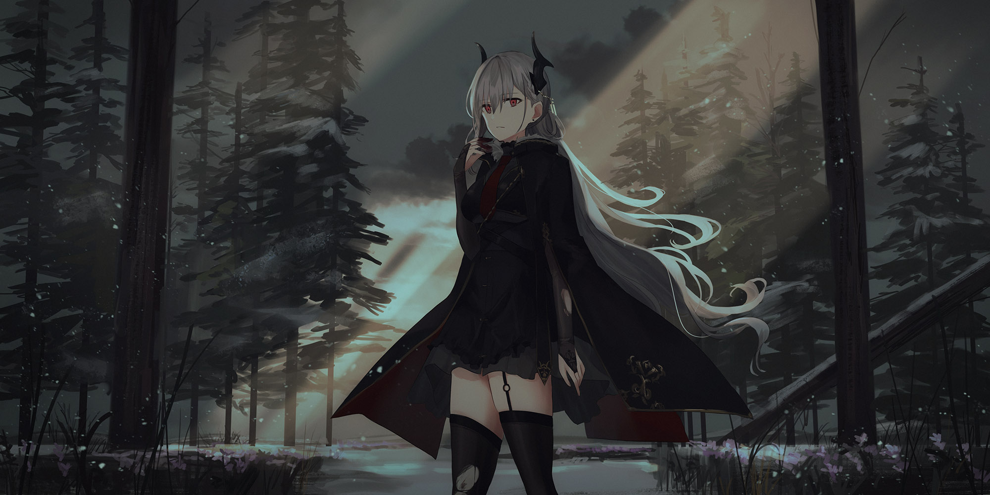 Anime 2000x1000 anime girls original characters women white hair long hair uniform tie coats stockings black stockings red eyes looking at viewer trees snowing forest outdoors artwork digital art illustration 2D anime drawing Chihuri 45
