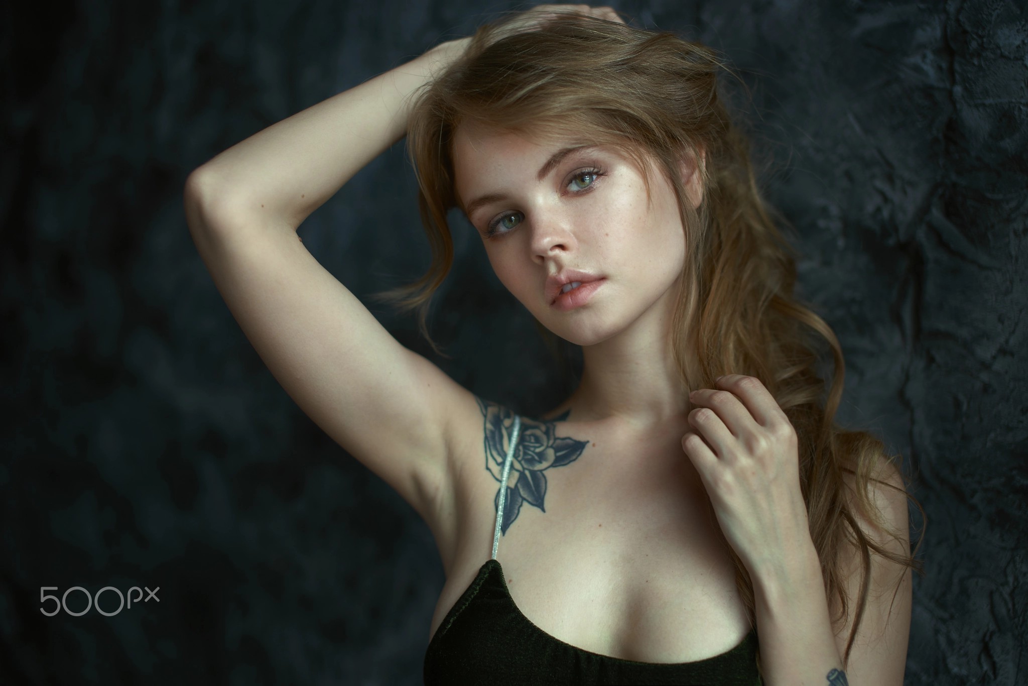 People 2048x1366 Anastasia Scheglova looking at viewer portrait Russian women blue eyes brunette women indoors 500px bare shoulders tattoo tank top hand(s) on head bokeh depth of field photography armpits face Alexander Vinogradov studio indoors one arm up inked girls women watermarked simple background closeup