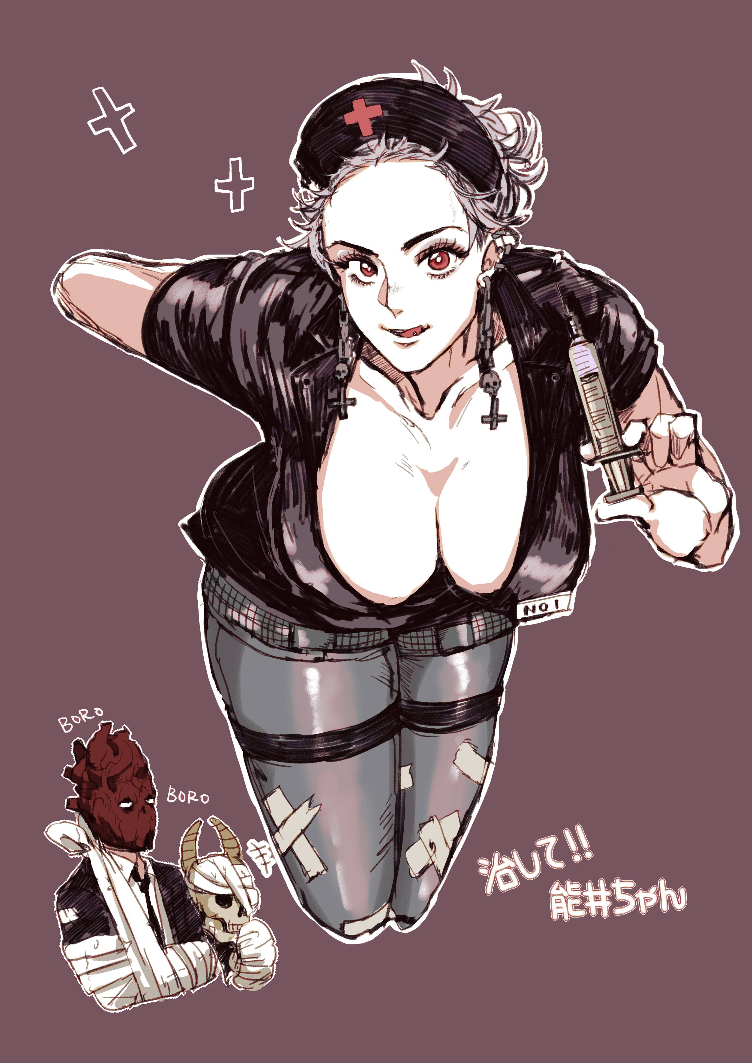 Anime 2507x3541 Dorohedoro anime girls anime boys long hair nurse outfit bandage no bra pantyhose cleavage thighs thick thigh ecchi big boobs Noi (Dorohedoro) Shin (Dorohedoro) Ebisu (Dorohedoro) manga sketch tongue out silver hair vertical fan art looking at viewer simple background 2D