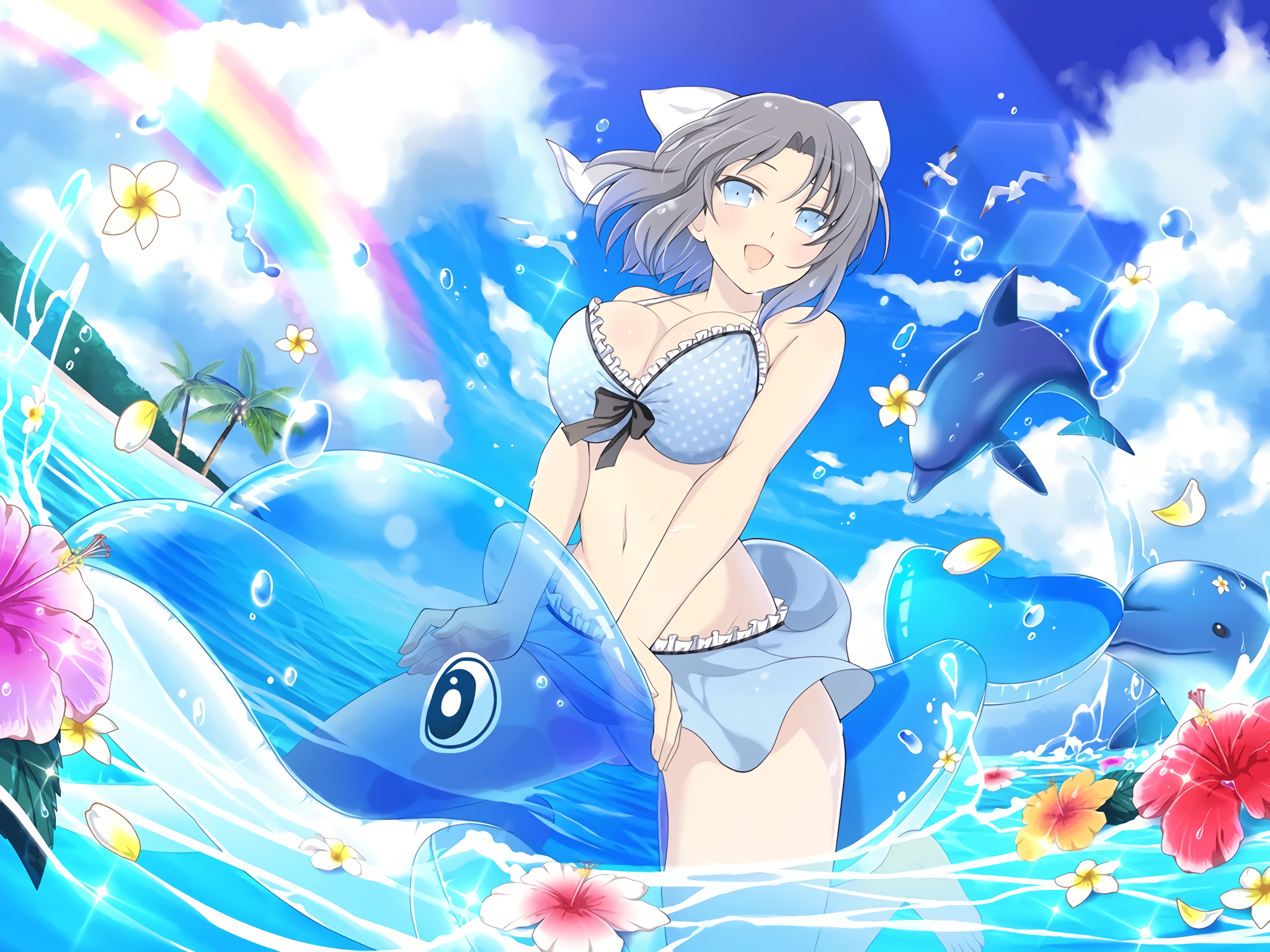 Anime 2048x1536 anime anime girls big boobs holding boobs wet Yumi (Senran Kagura) floater bikini cleavage Senran Kagura water blue eyes dolphin