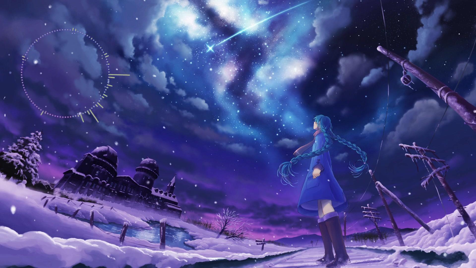 Anime 1920x1080 anime snow power lines shooting stars fence ponytail stars low-angle