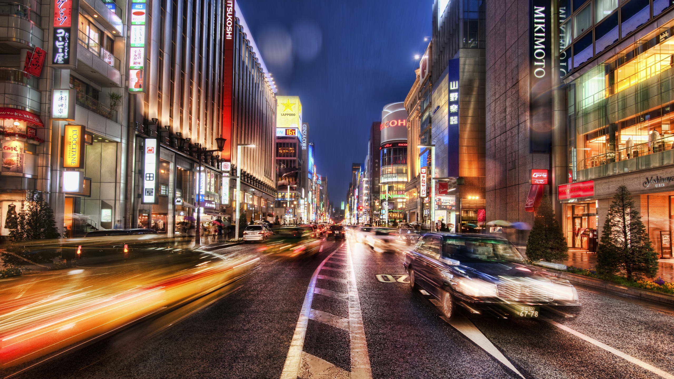 General 2560x1440 street Japan urban city long exposure traffic night city lights street light stores