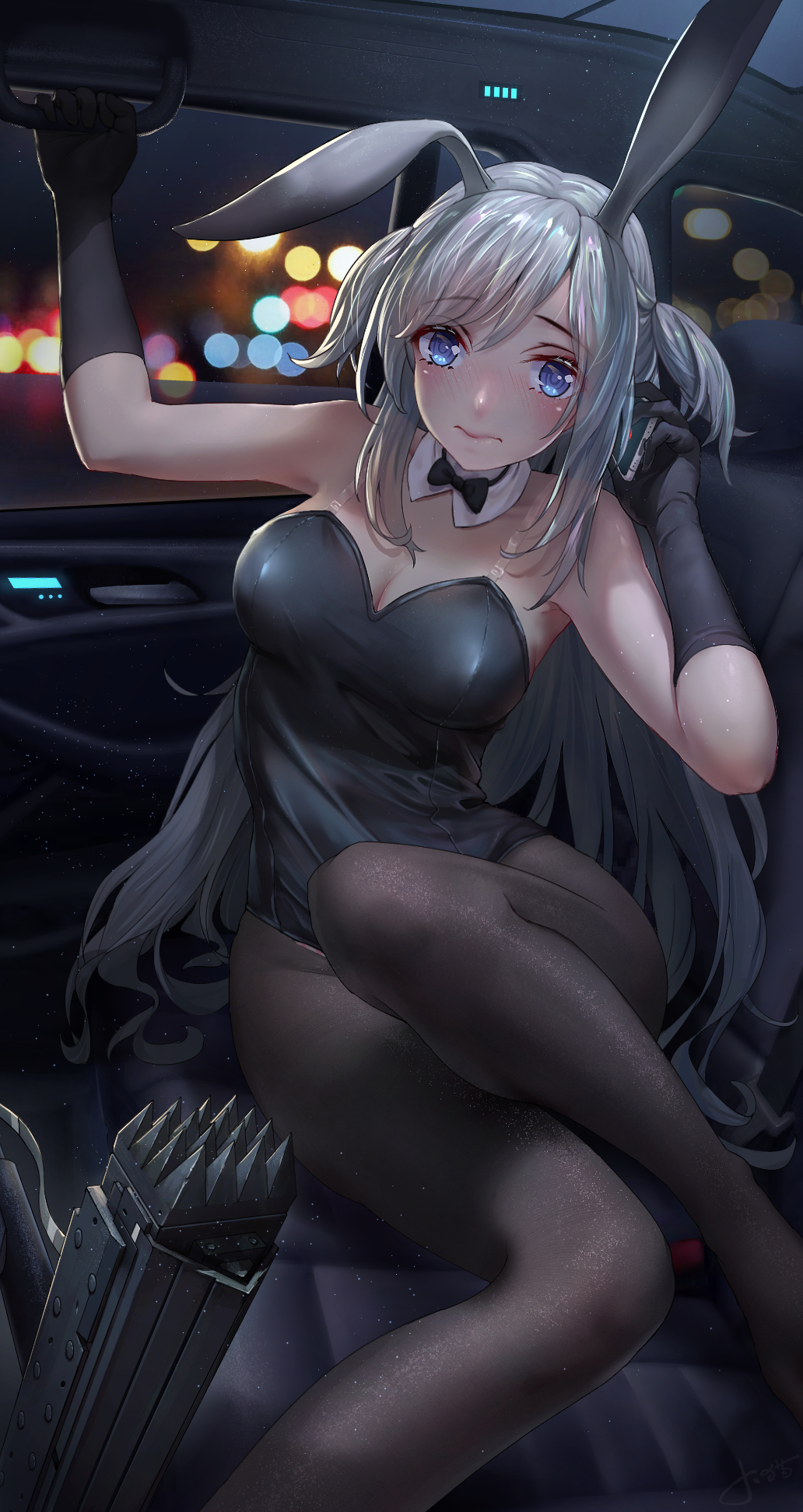 Anime 1032x1944 Jay Xu anime girls Arknights anime bunny ears blue eyes legs legs together long hair women with cars car vehicle car interior embarrassed pantyhose gloves