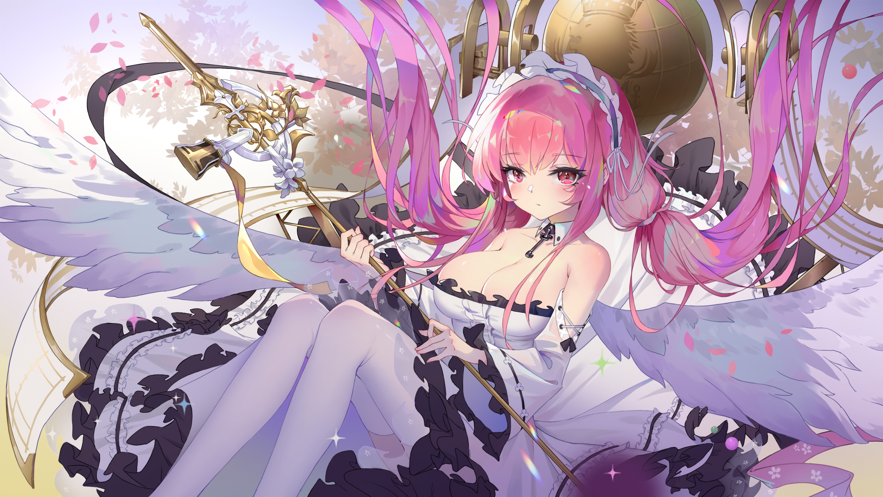 Anime 3000x1688 anime anime girls digital art artwork 2D portrait Azur Lane Perseus (Azur Lane) Moonofmonster pink hair pink eyes twintails wings thigh-highs dress maid outfit cleavage big boobs