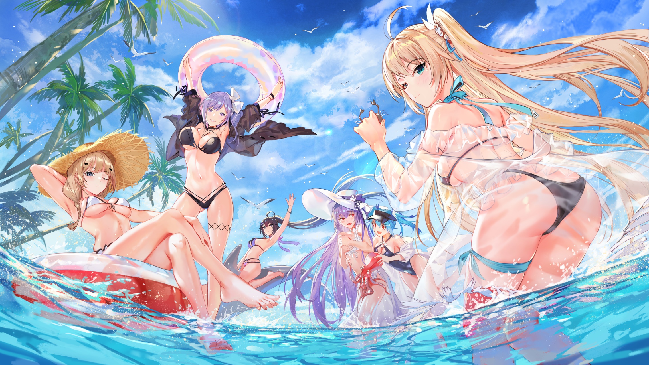 Anime 2275x1280 anime anime girls digital art artwork 2D portrait iron saga bikini Criin blonde long hair swimwear water trees group of women brunette blue hair purple hair palm trees floater standing in water hat low-angle octopus see-through clothing sky legs crossed dolphin straw hat armpits looking at viewer crabs arms up looking below one-piece swimsuit clouds open clothes looking back one eye closed big boobs beach women outdoors