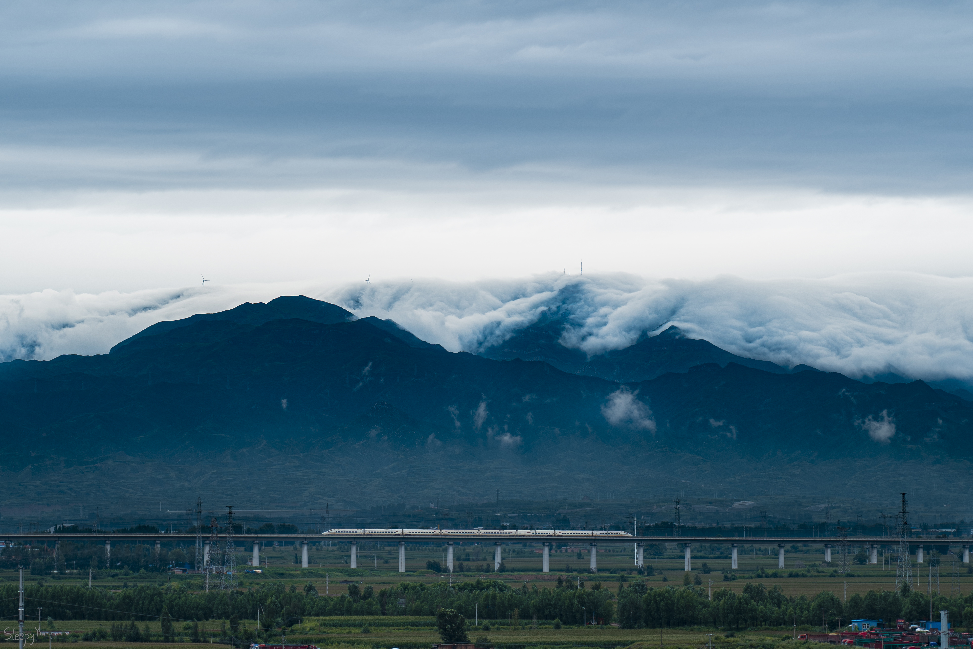 General 3936x2624 mountains clouds railway sleepy mist wind turbine power plant Asia China shanxi