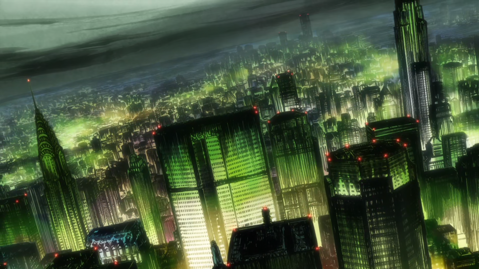 Anime 1920x1080 night cityscape artwork anime green