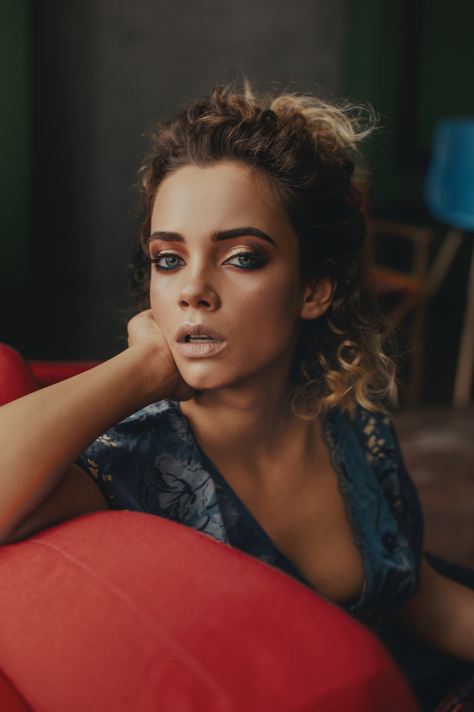 People 1920x2880 women women indoors cleavage dress messy hair short hair brunette looking at viewer lips juicy lips open mouth face couch hazel eyes makeup