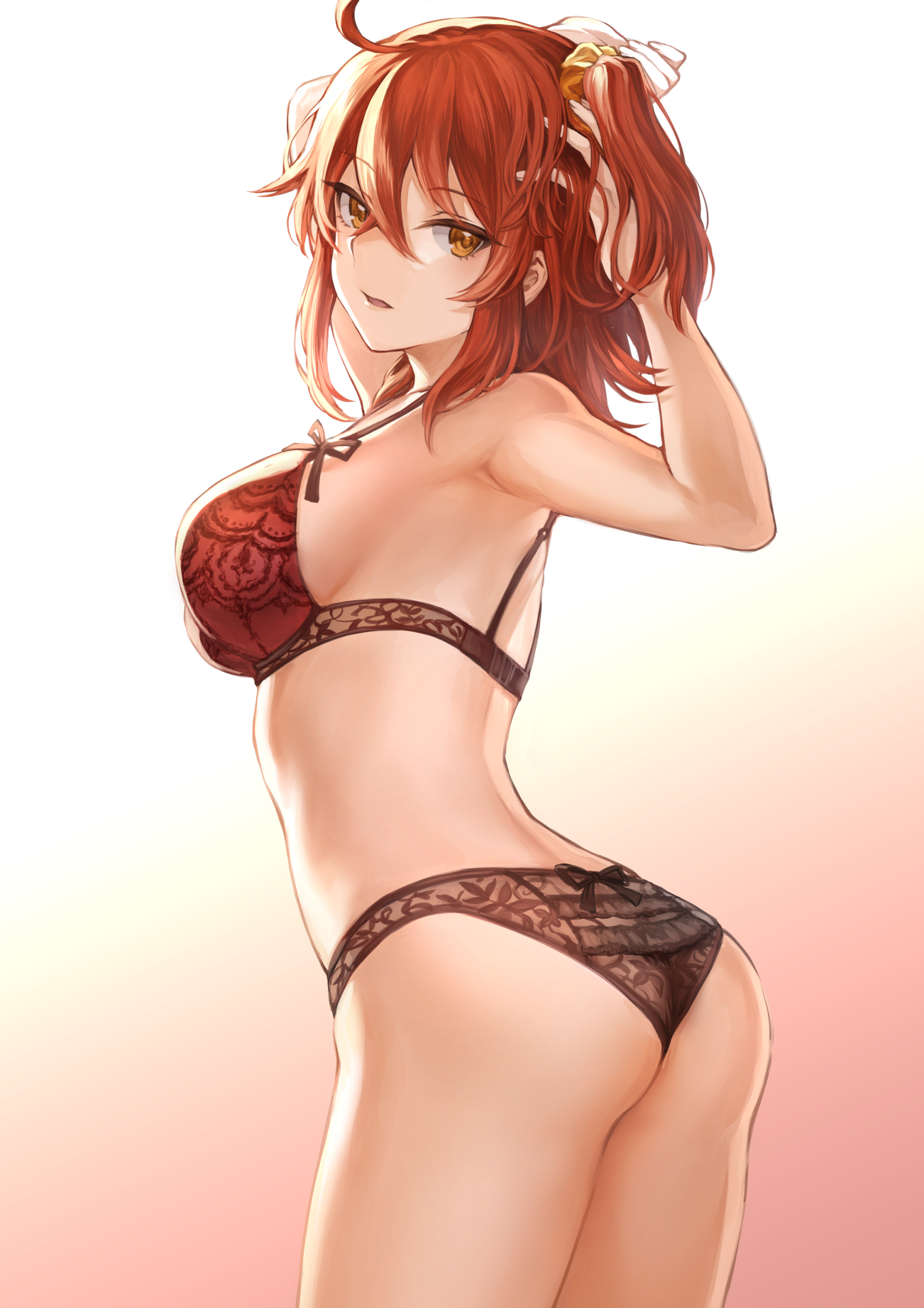 Anime 1302x1842 anime anime girls digital art artwork portrait display big boobs Fate/Grand Order Fujimaru Ritsuka redhead red bra black panties open mouth yellow eyes arms up ponytail ass Mashu 003 Fate series sideboob thighs black lace parted lips touching hair arched back 2D short hair ahoge looking at viewer gradient fan art ecchi
