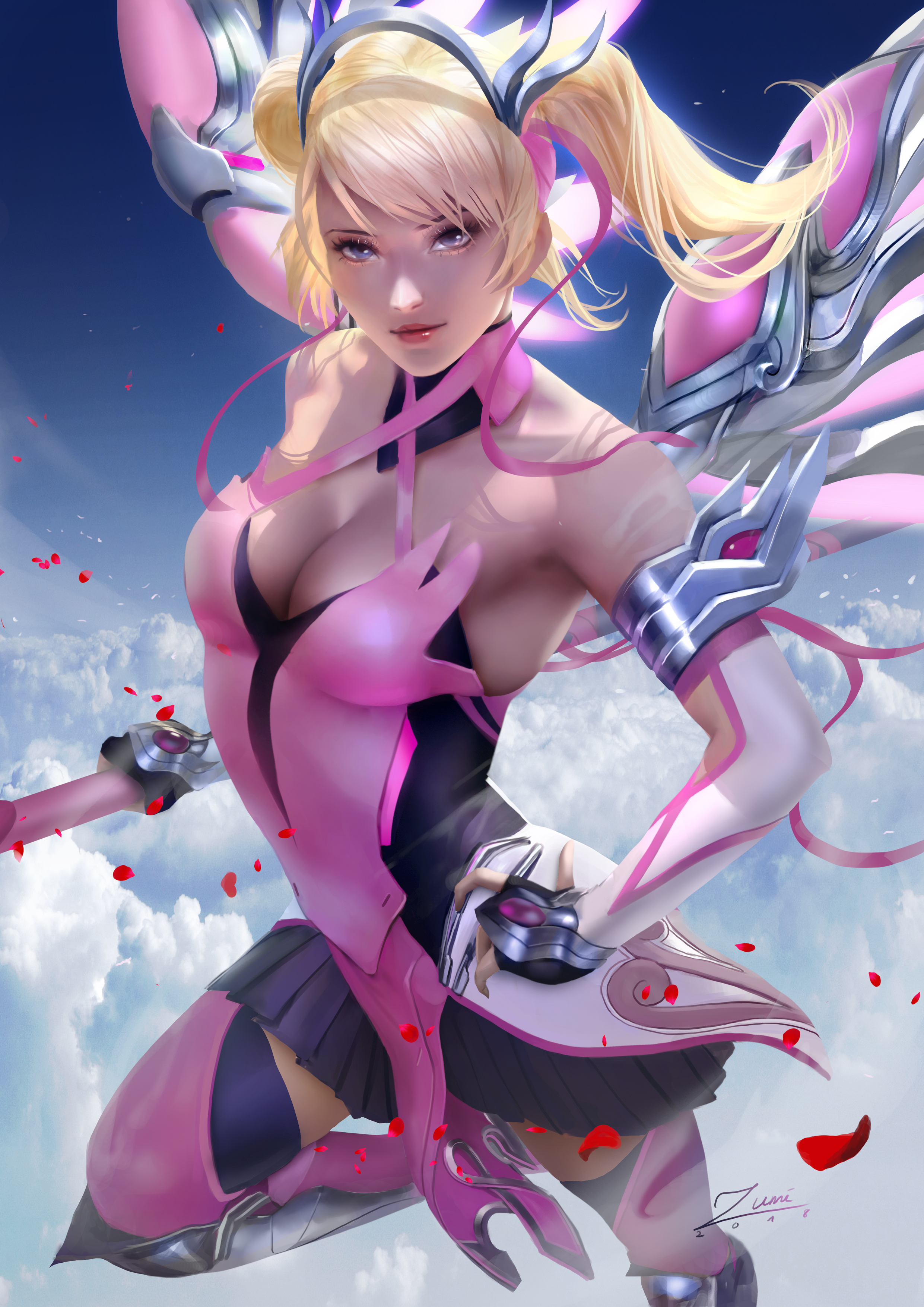 Anime 2481x3508 Zumi Mercy (Overwatch) Overwatch blonde sky wings pink headband