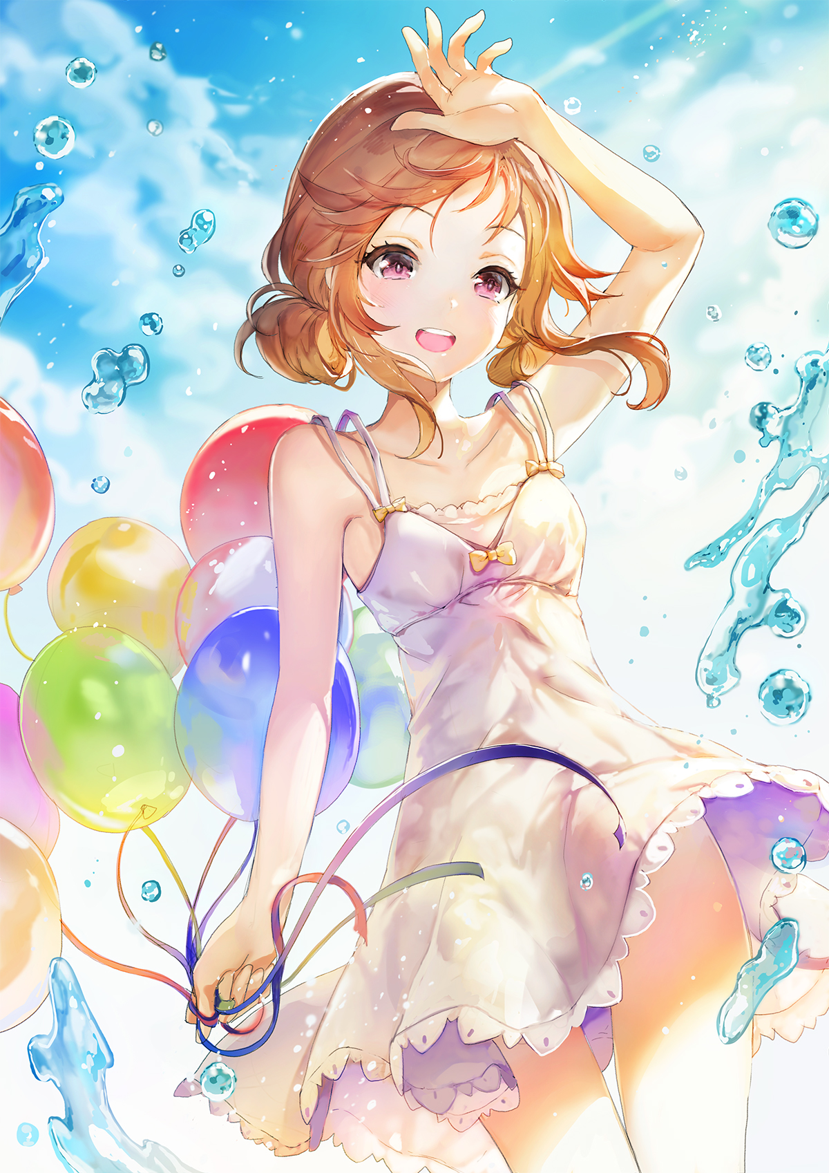 Anime 1200x1697 anime anime girls digital art artwork redhead pink eyes open mouth arms up balloon water short hair sky clouds