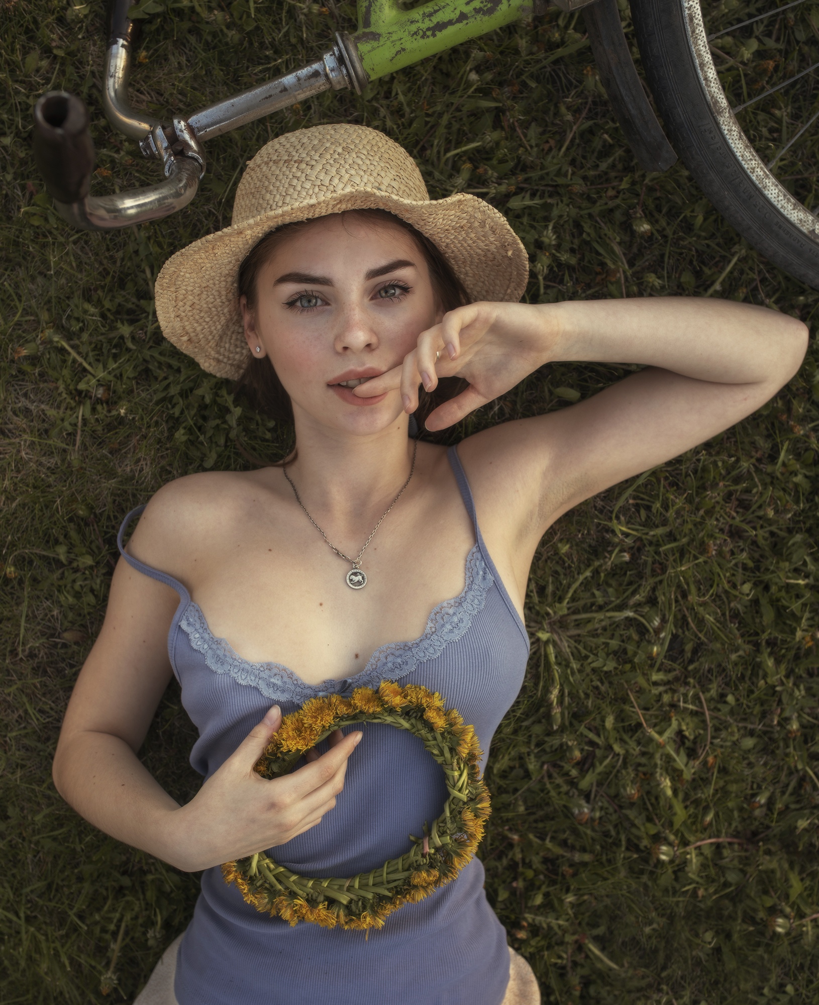 People 1630x2000 Irina Sivalnaya David Dubnitskiy necklace hat finger in mouth bare shoulders brunette lying on back on the floor looking at viewer women outdoors flowers women portrait display no bra nipples through clothing nipple bulge finger on lips woman with hat