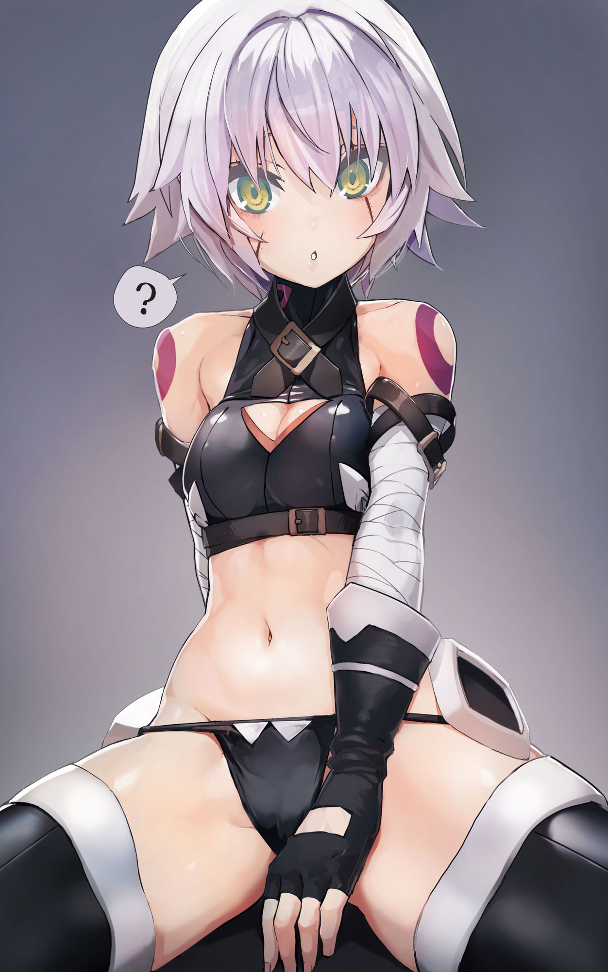 Anime 1252x2000 anime anime girls digital art artwork 2D portrait display Jack the Ripper (Fate/Apocrypha) Fate/Apocrypha  Fate series Taishi short hair silver hair green eyes scars crop top bare midriff belly cleavage panties spread legs hand(s) between legs