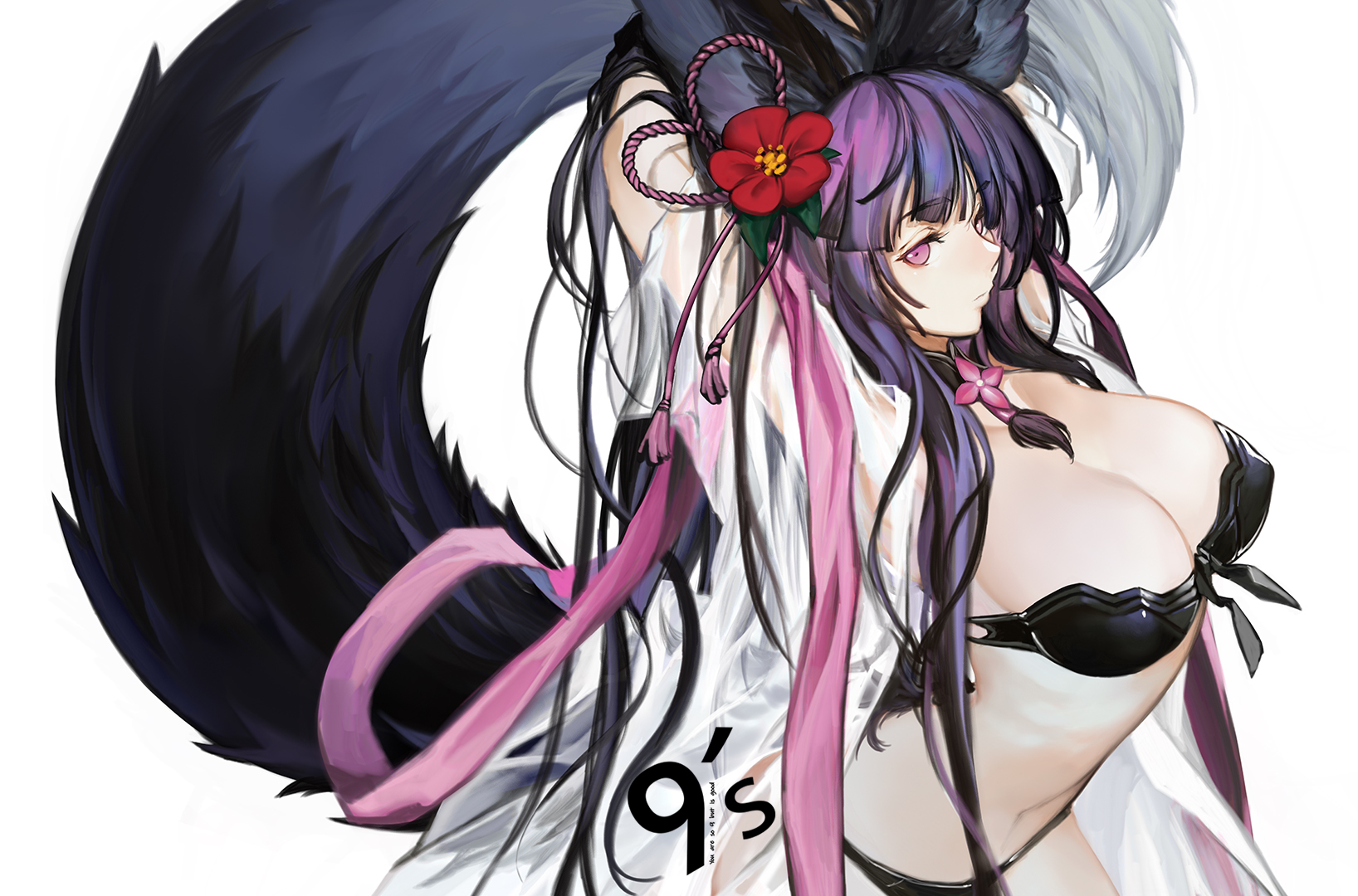 Anime 1636x1080 Yuel (Granblue Fantasy) tail purple hair purple eyes open shirt flowers bikini animal ears anime
