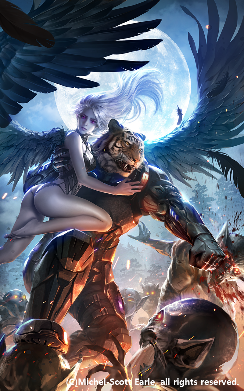 General 800x1280 Eudia Chae drawing women tiger wings fantasy art lingerie blood fighting Moon Anthro