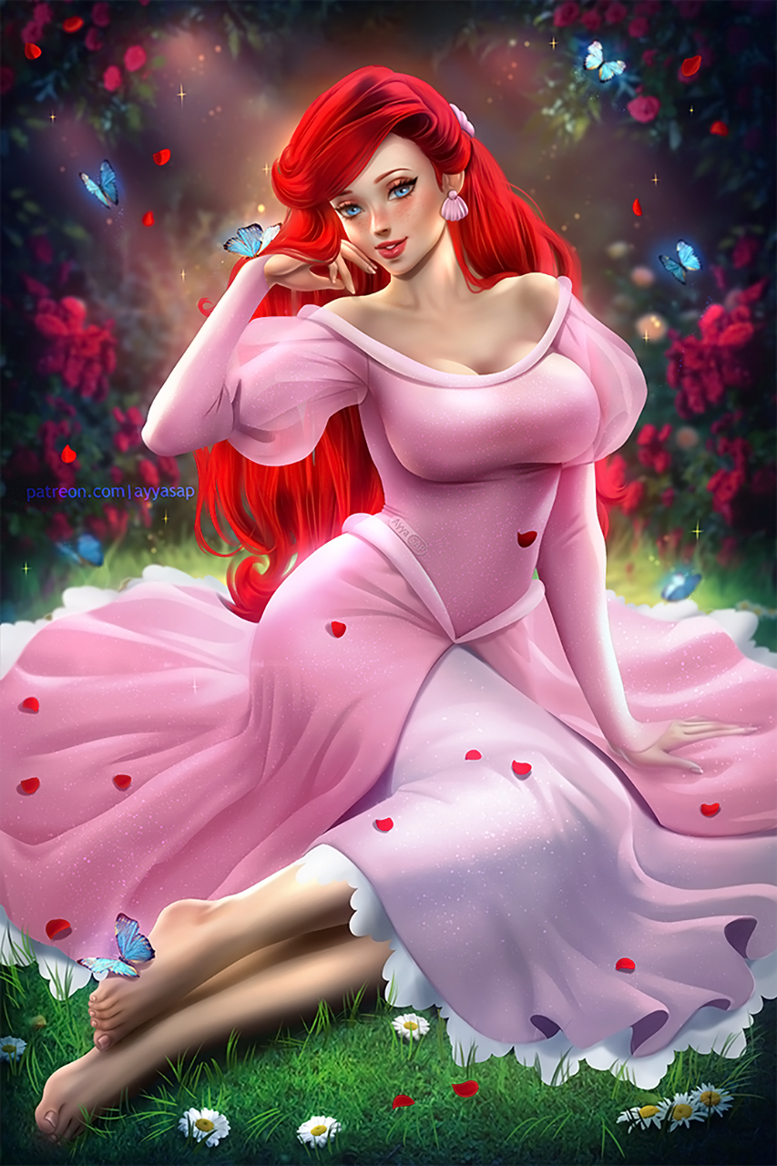 General 853x1280 Ayya Saparniyazova drawing The Little Mermaid women redhead long hair hair accessories jewelry earring makeup eyeshadow lipstick eyeliner looking at viewer bare shoulders dress pink clothing barefoot nature grass butterfly glowing