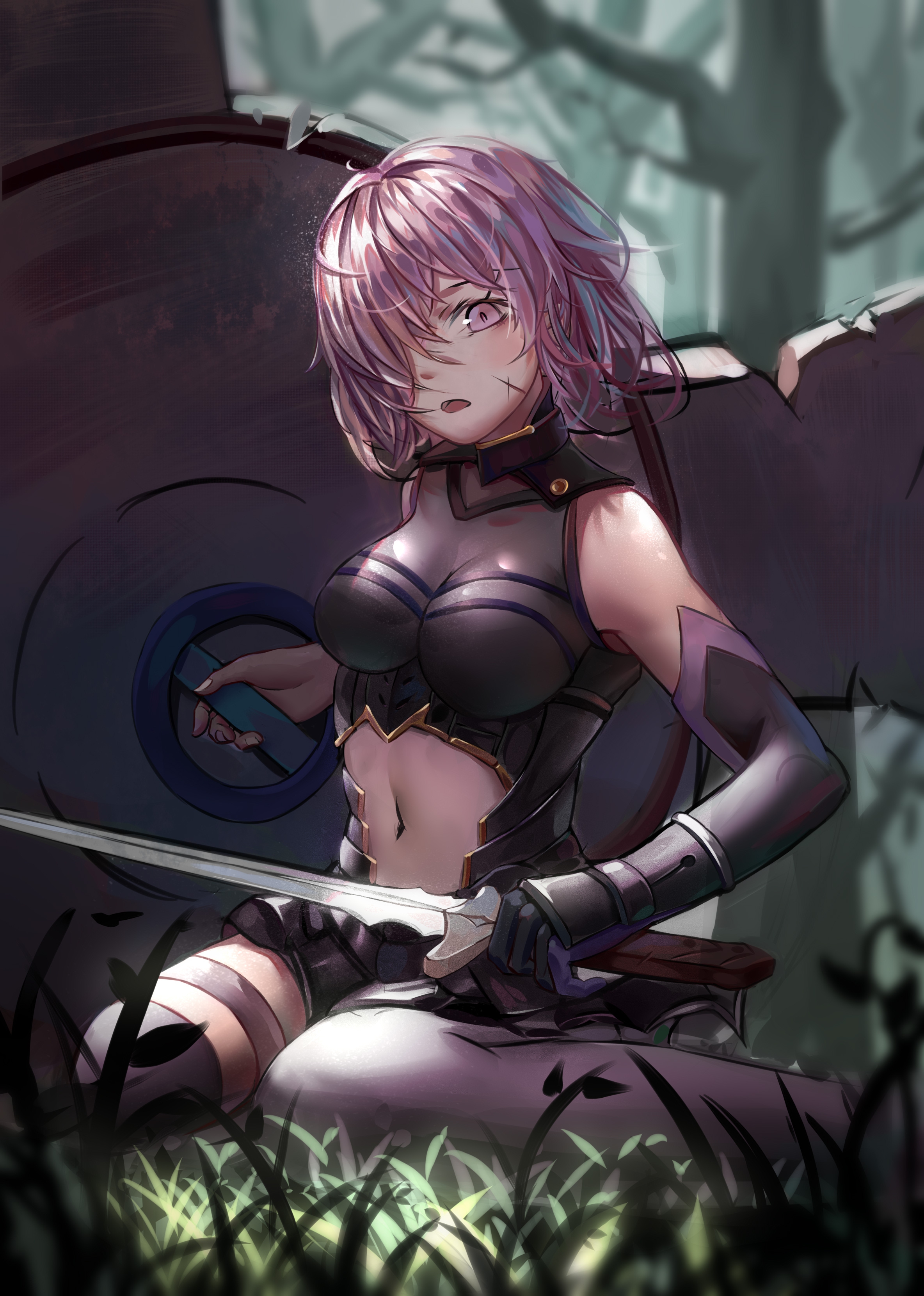 Anime 2368x3320 Fate series Fate/Grand Order anime girls 2D big boobs curvy thighs blushing women with swords armor female warrior shield short hair forest purple hair Mash Kyrielight thick thigh open mouth purple eyes portrait display looking at viewer fan art scars