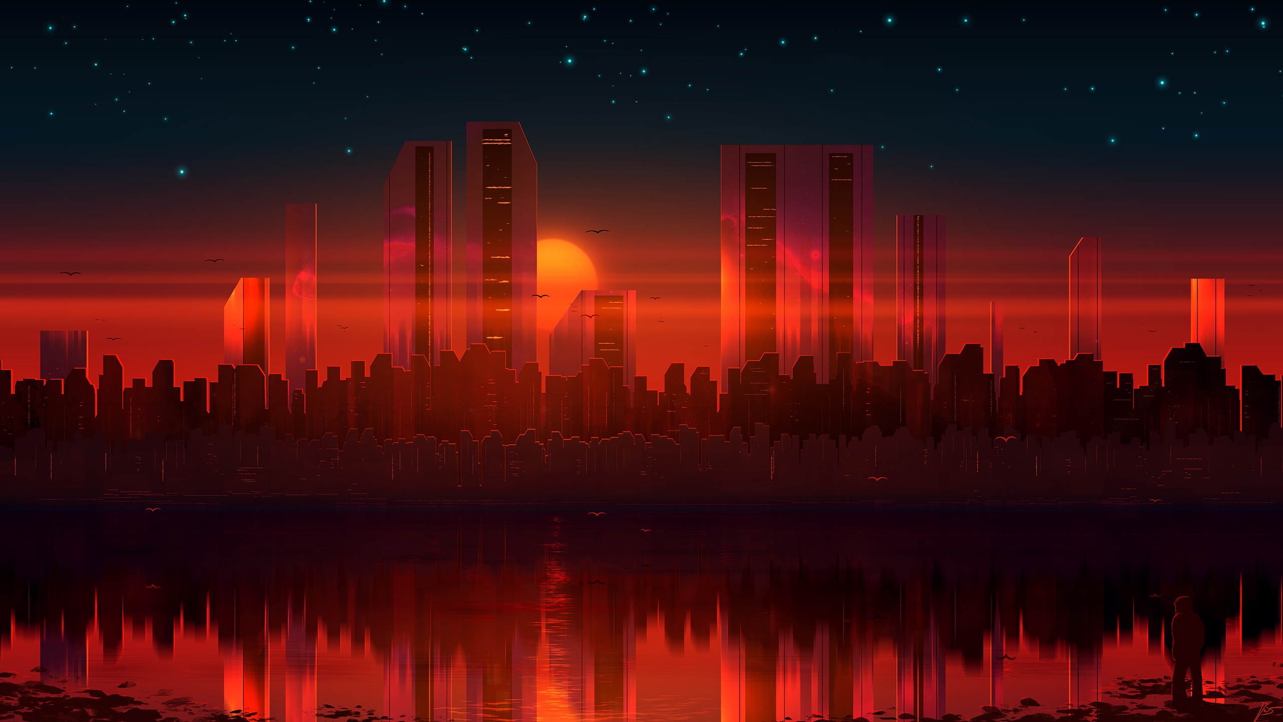 General 2560x1440 cityscape reflection sunset JoeyJazz orange digital art