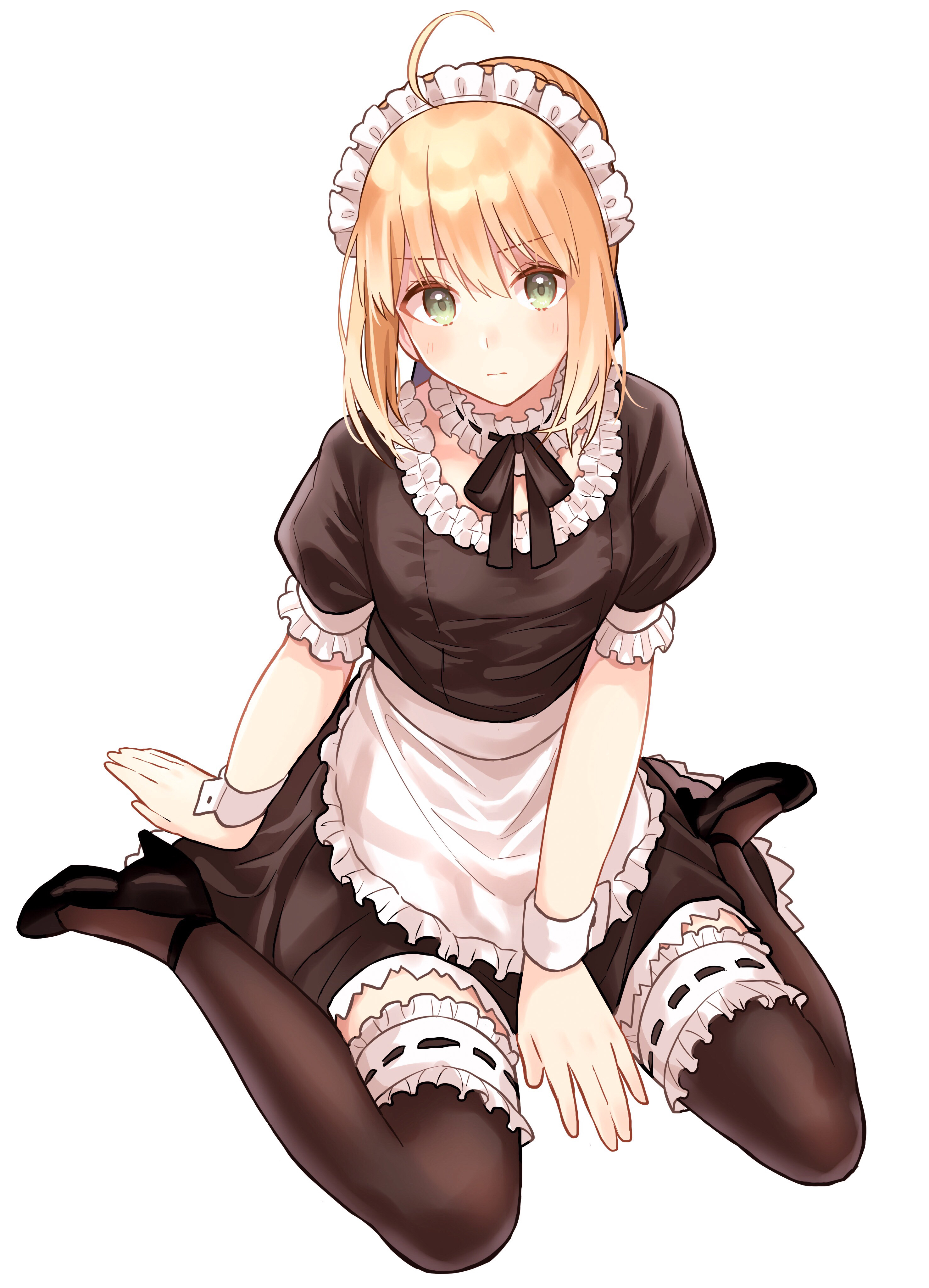 Anime 2954x4095 Fate series Fate/Stay Night anime girls 2D small boobs thighs black stockings maid outfit green eyes portrait display looking at viewer fan art anime blonde blushing artwork Lq Saku Artoria Pendragon Saber long hair white background ahoge frills simple background