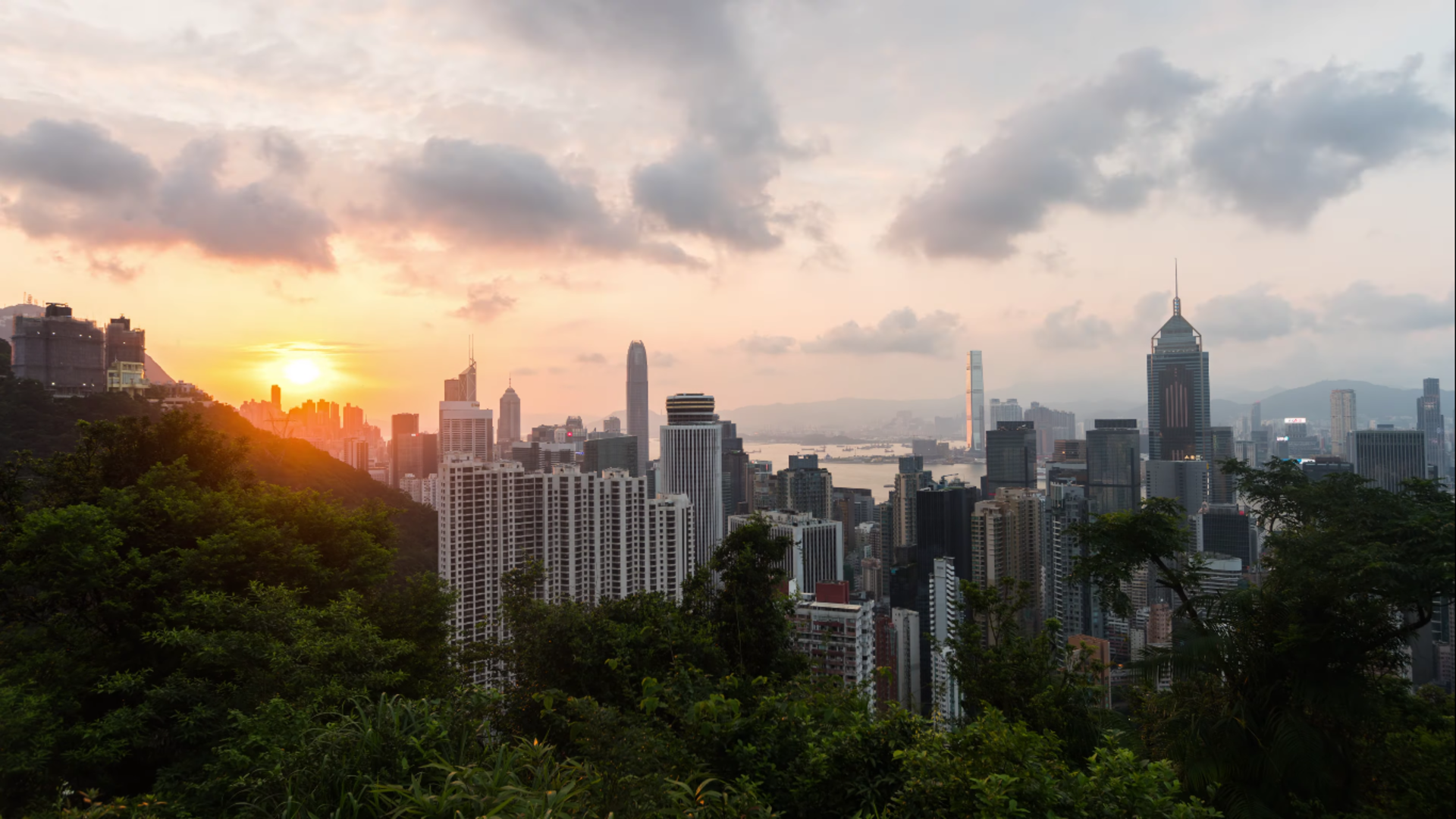 General 1920x1080 Hong Kong sunset city trees clouds cityscape water China