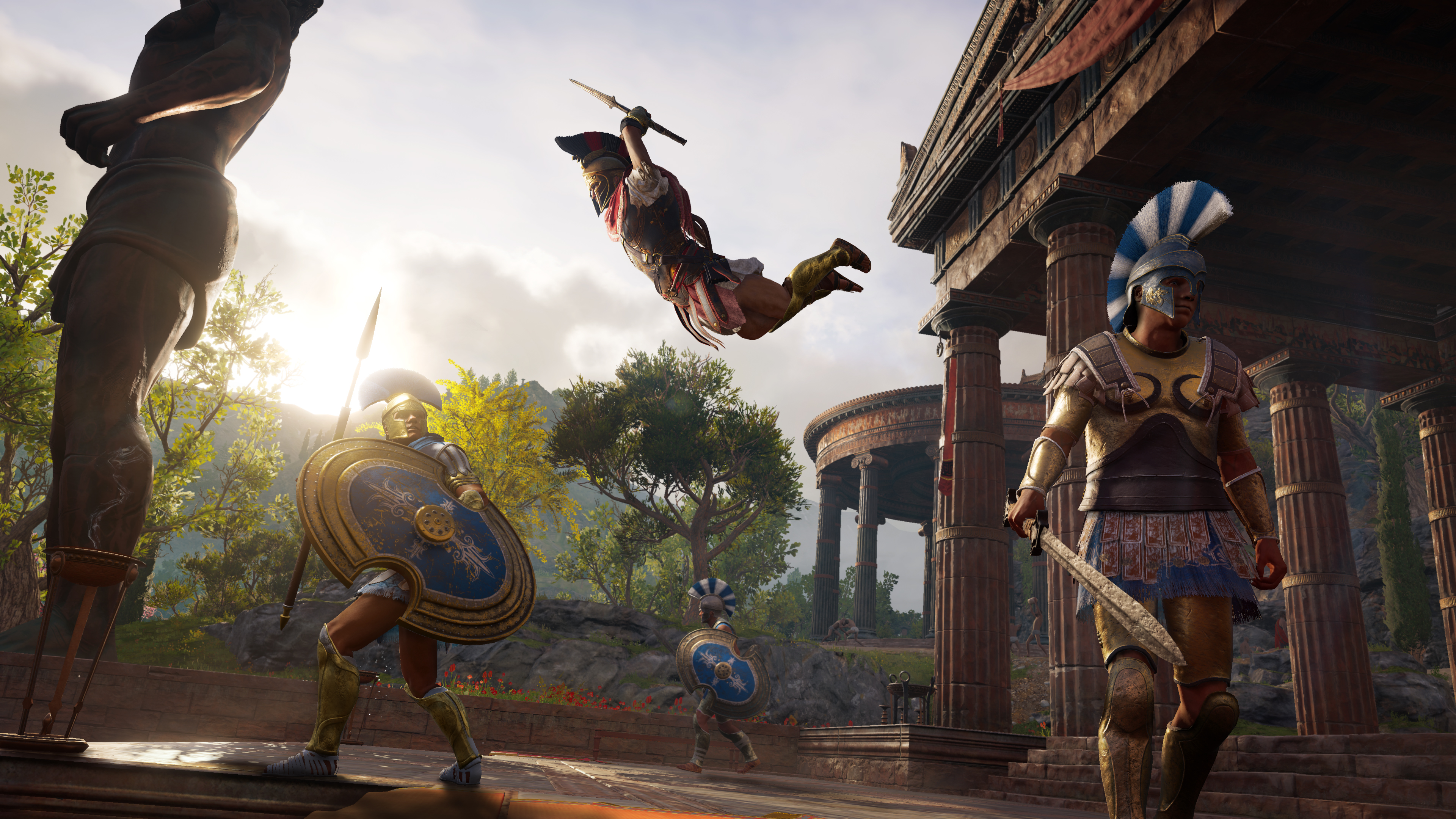 General 3840x2160 Assassin's Creed Assassin's Creed: Odyssey Assassins Creed: Odyssey jumping soldier trees clouds rocks flowers ancient greece ancient Greek Mythological Alexios  video games Ubisoft