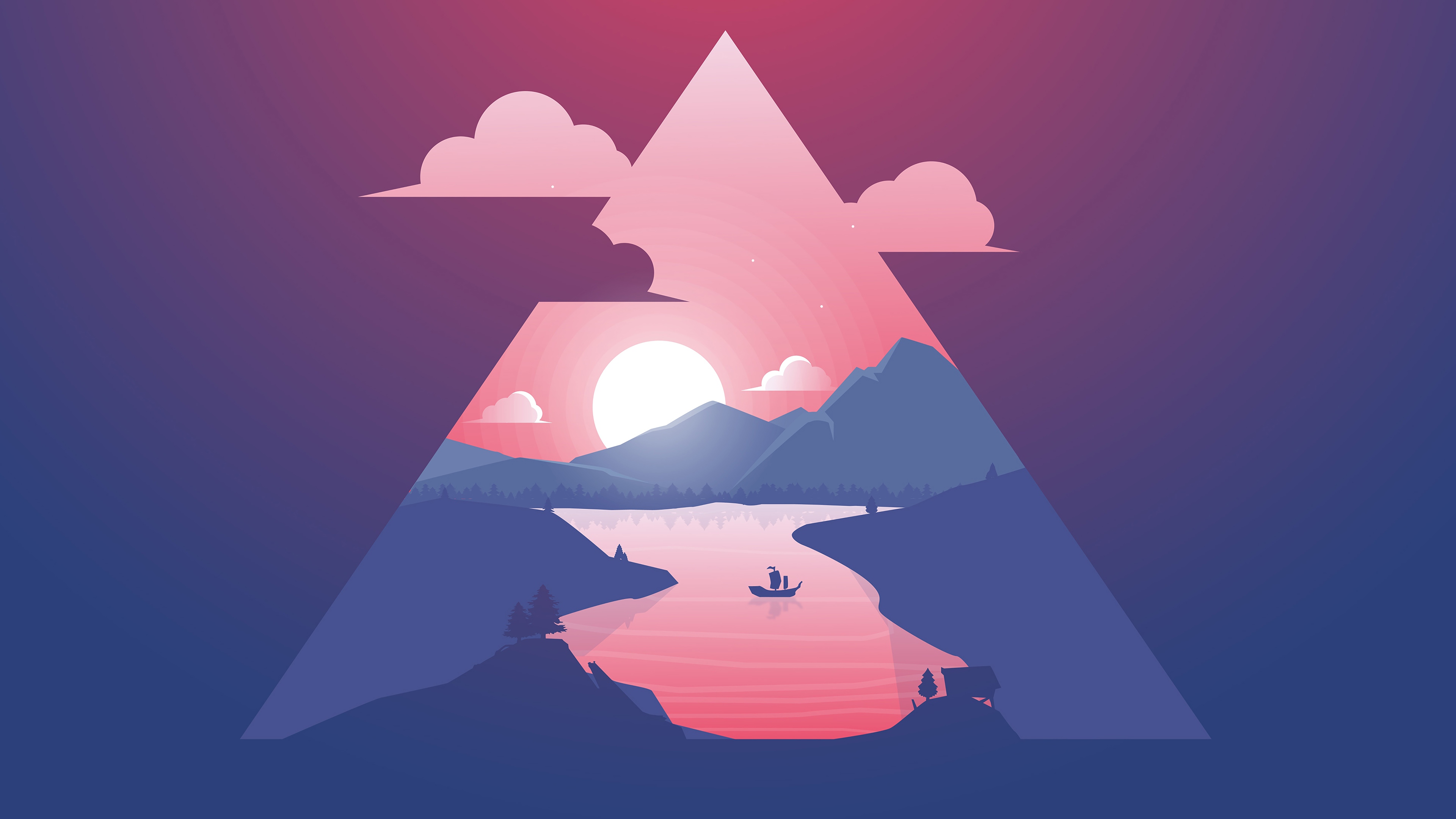 General 3840x2160 minimalism artwork Sun boat clouds trees Arch Linux