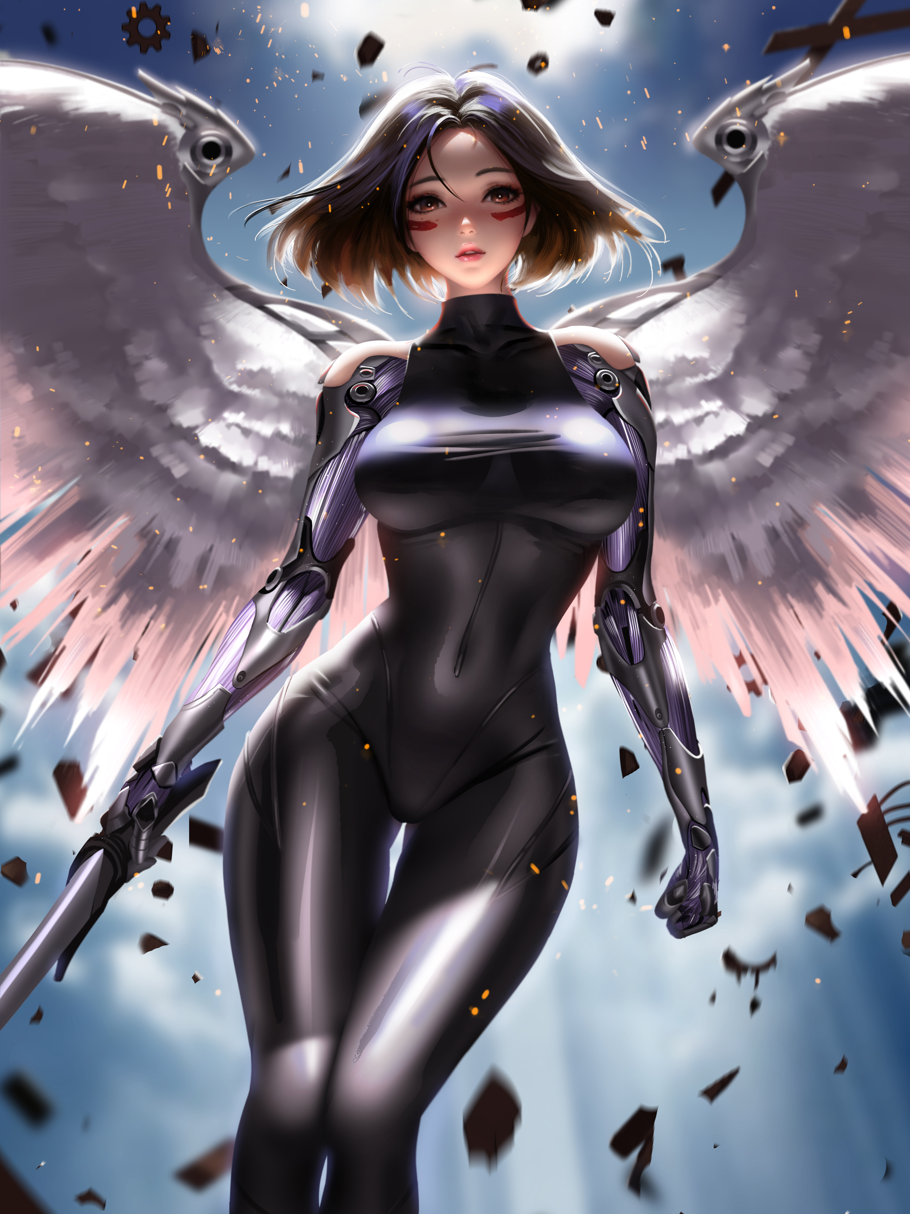 Anime 3000x4000 women fantasy girl brunette brown eyes looking at viewer face paint low-angle cyborg cyberpunk science fiction wings angel bodysuit tight clothing the gap frontal view sparks portrait display sword artwork drawing digital art illustration fan art Jason Liang black clothing backlighting Alita angel girl