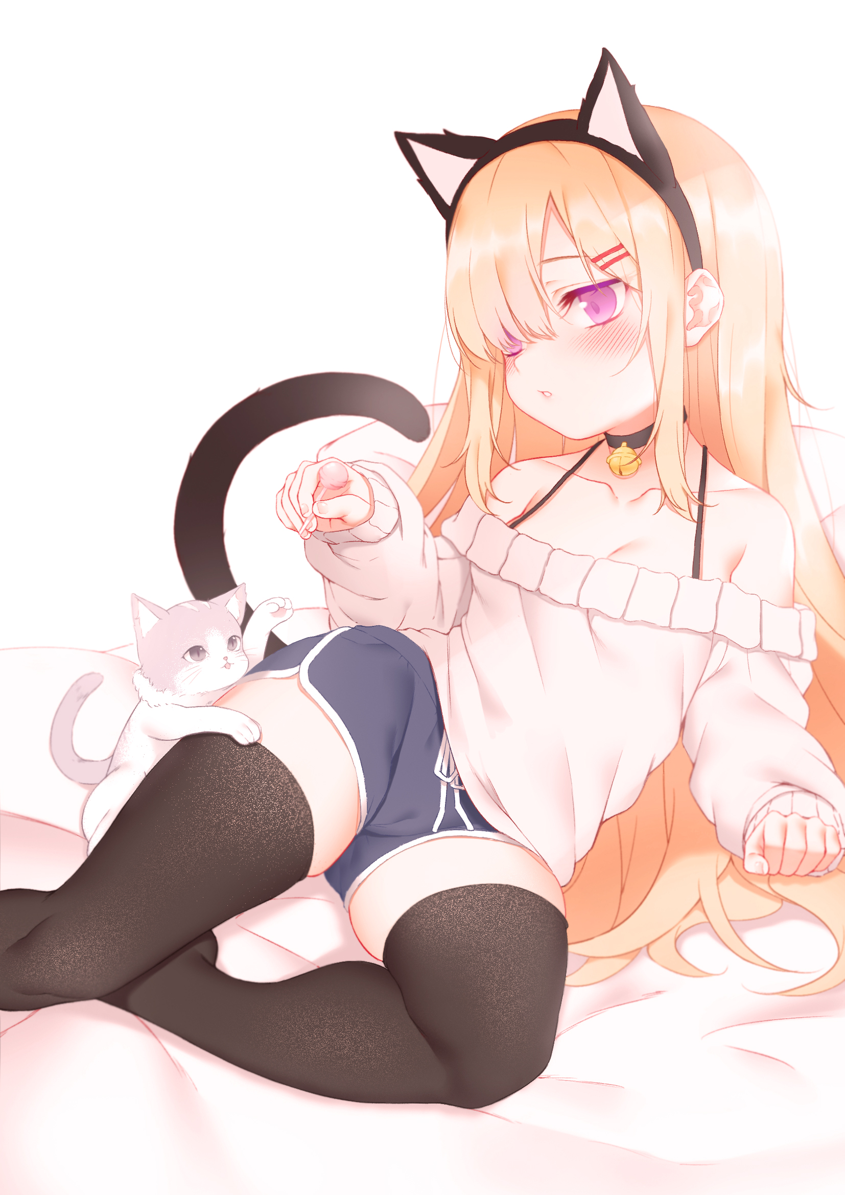 Anime 1654x2339 anime anime girls digital art artwork 2D portrait display cameltoe white background cat ears Zhaofeng Yinyue original characters cats cat tail thigh-highs short shorts sweater blonde long hair purple eyes