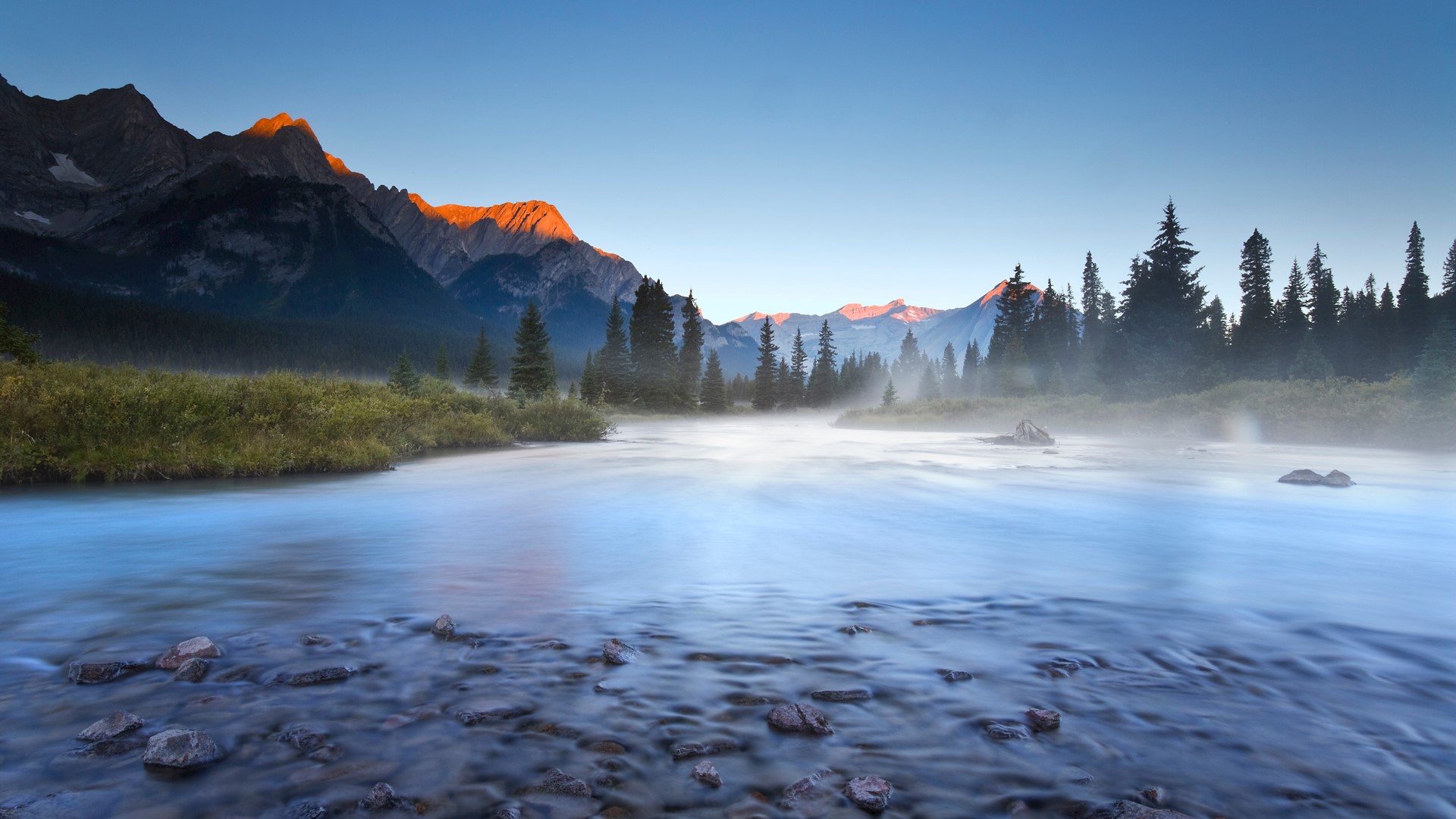 General 1920x1080 nature landscape trees mountains rocks water river mist clear sky sunrise long exposure British Columbia Canada