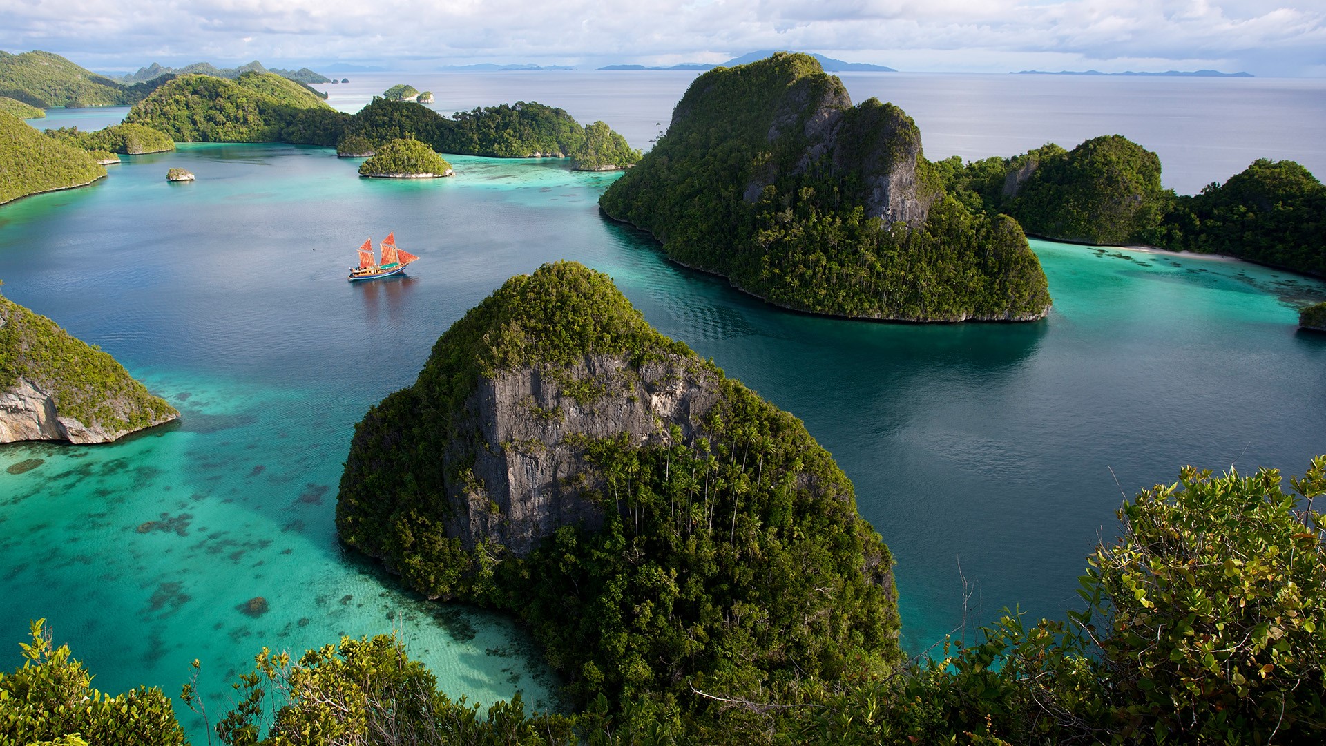 General 1920x1080 nature landscape island sailing ship clouds sky clear water trees plants Raja Ampat Indonesia