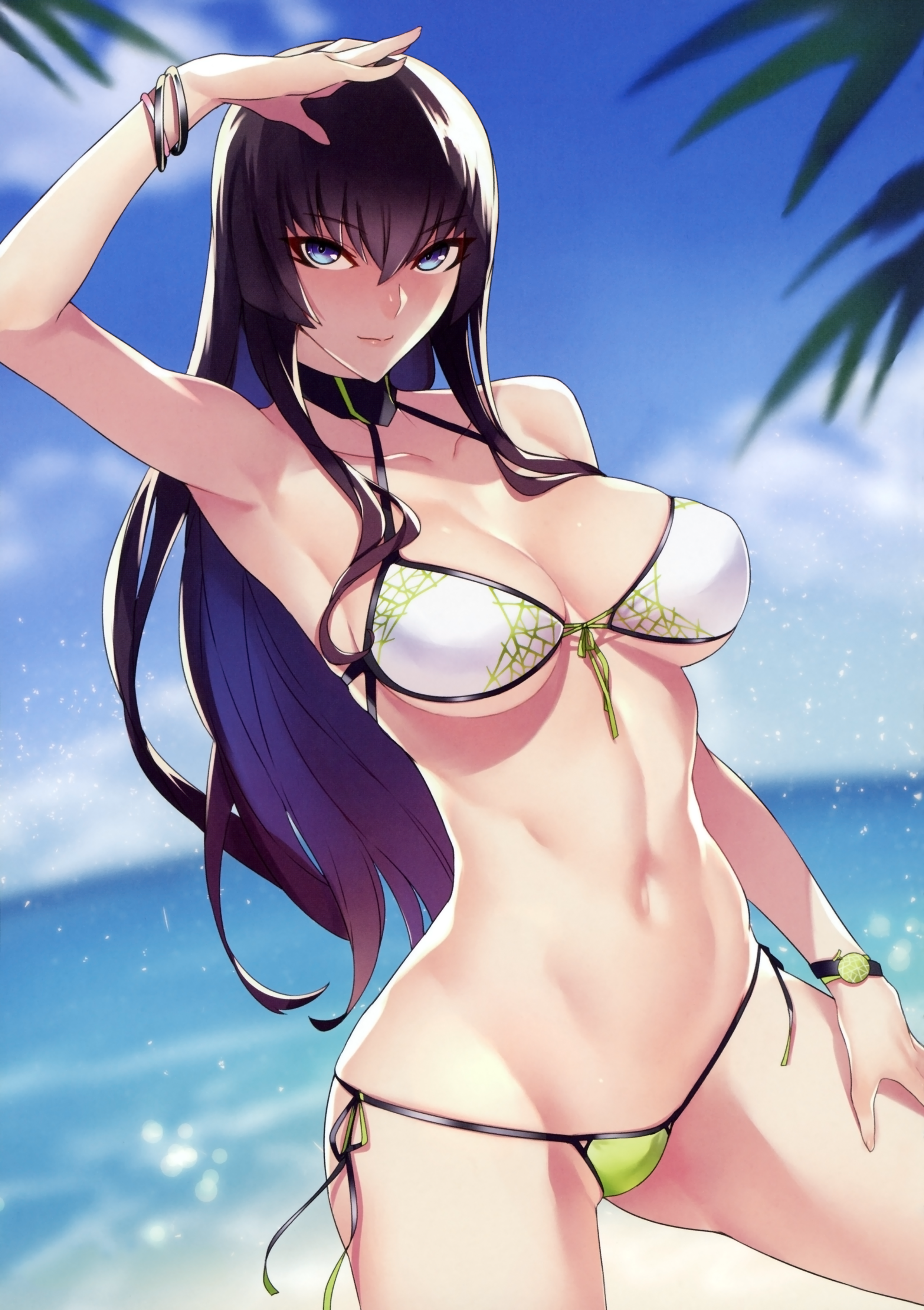 Anime 2490x3530 bikini anime girls boobs Bansanv3 beach underboob blue eyes dark hair