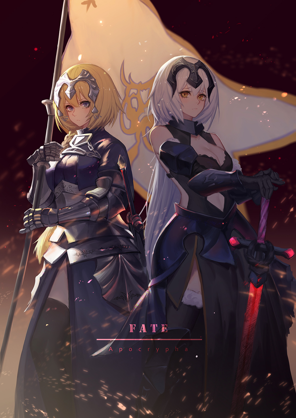Anime 1000x1414 Fate/Apocrypha  Fate/Grand Order Fate series big boobs no bra armored woman female warrior women with swords 2D anime girls blue dress black dress cleavage belly thighs black legwear long hair white hair flag chains bare shoulders ecchi blushing open dress gauntlets belly button Jeanne d'Arc (Fate) Ruler (Fate/Apocrypha) Jeanne (Alter) (Fate/Grand Order) blurred braids sheath looking at viewer blue eyes yellow eyes bangs fan art banner anime portrait display Pre curvy blonde