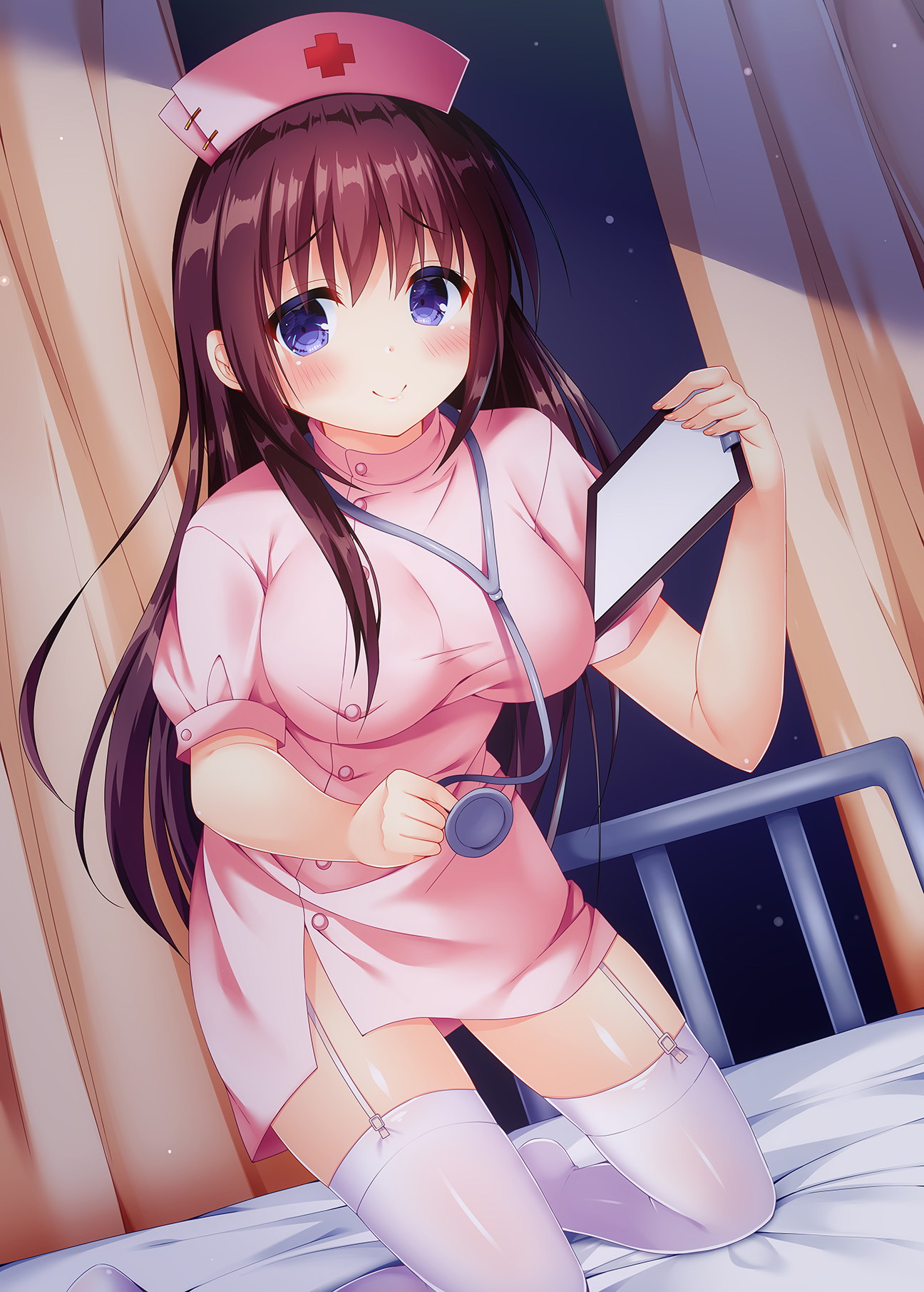 Anime 1296x1812 boobs nurses stockings thigh-highs blushing