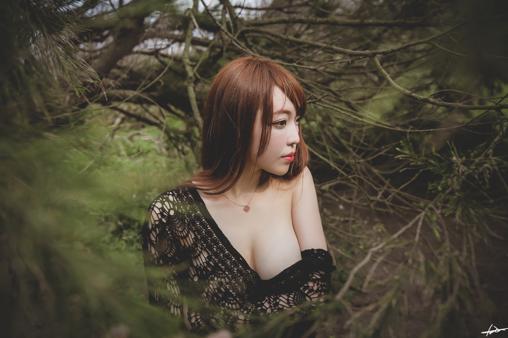 People 2048x1365 Asian women brunette model looking into the distance branch see-through clothing no bra covering boobs women outdoors necklace cleavage