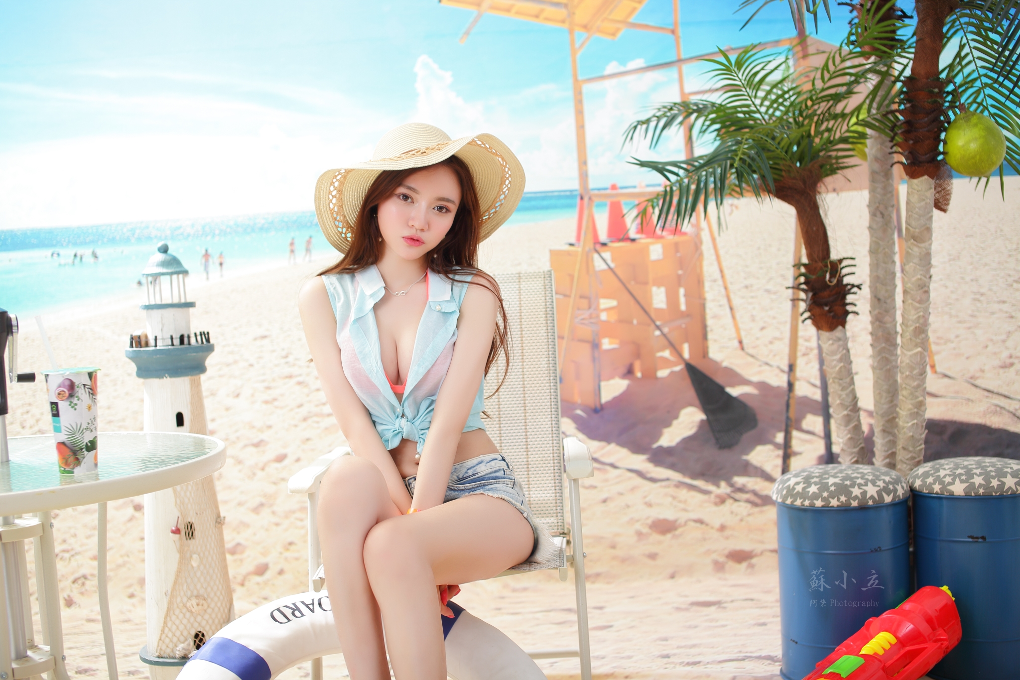 People 2048x1365 Asian women model looking at viewer brunette cleavage shirt jean shorts sitting women with hats necklace Su Xiaoli Chinese