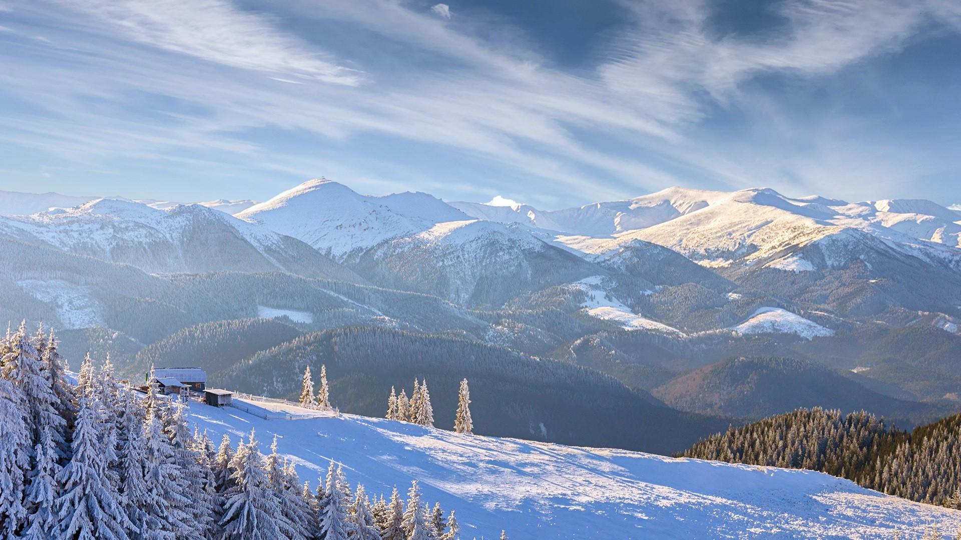 General 1920x1080 nature landscape mountains trees snow clouds sky sunlight morning house winter Caucasus Mountains Europe Georgia snowy mountain