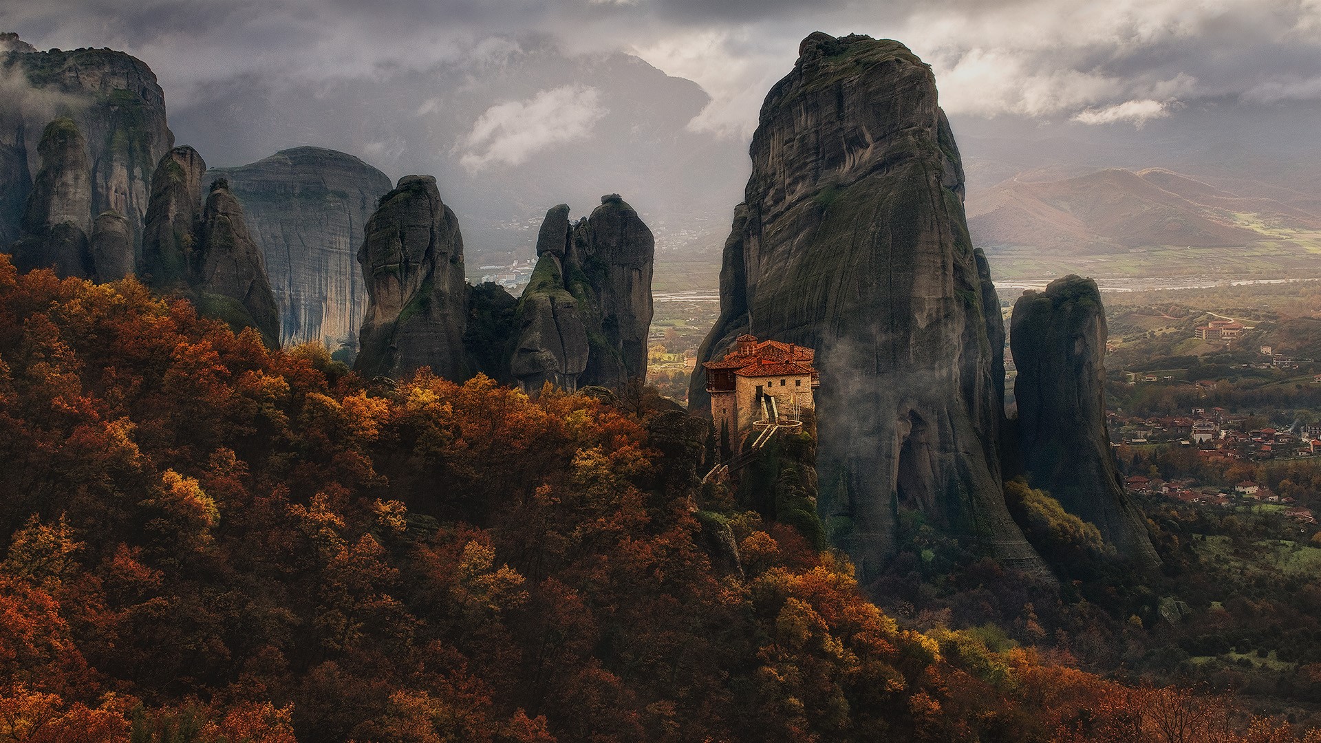General 1920x1080 nature landscape trees forest rocks mountains mist clouds Monsoon town fall river rock formation Kalampaka Greece