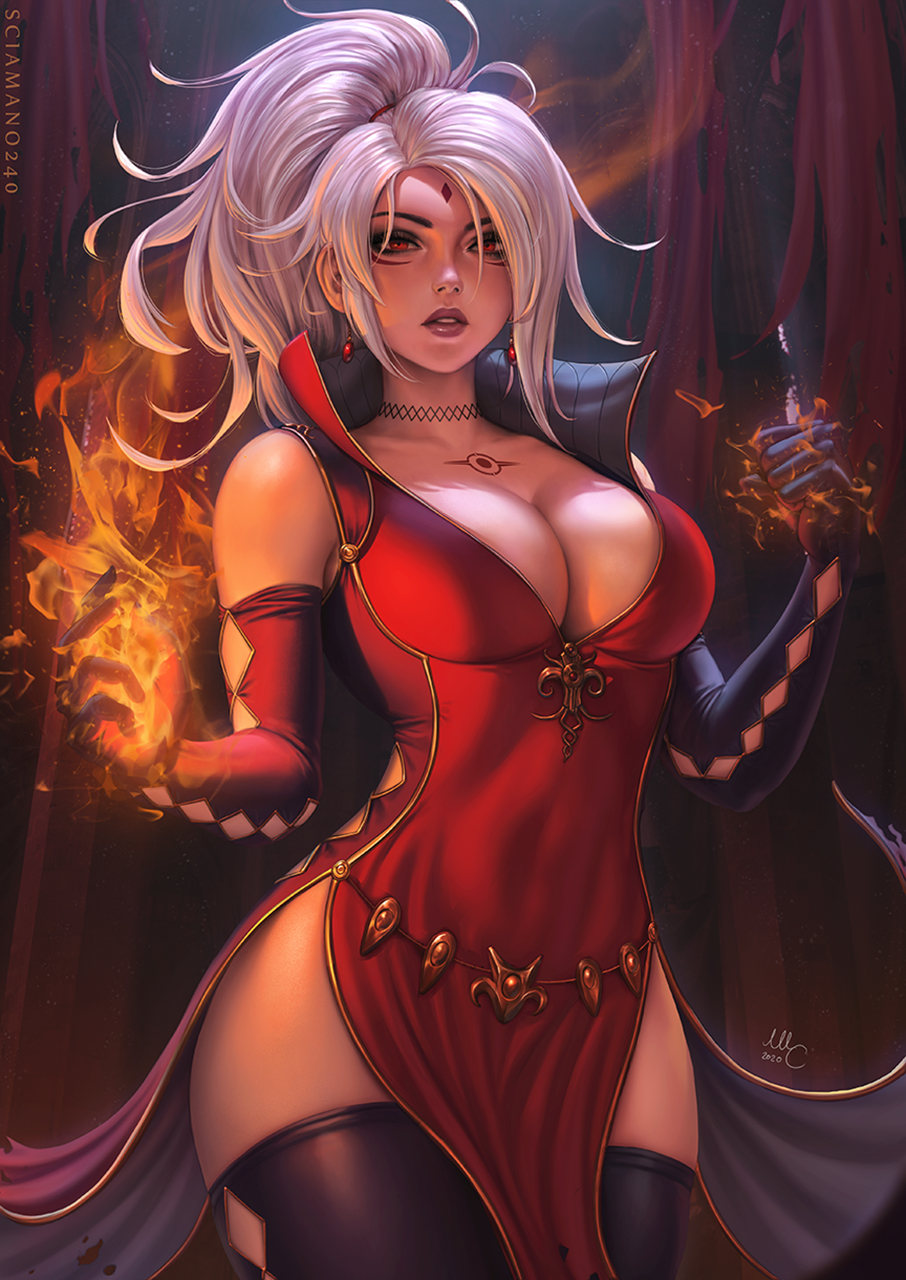 General 906x1280 Mirco Cabbia drawing women silver hair long hair ponytail face paint red eyes magician fire spell dress cleavage skimpy clothes red clothing thigh-highs bianca (Sciamano240) digital art watermarked