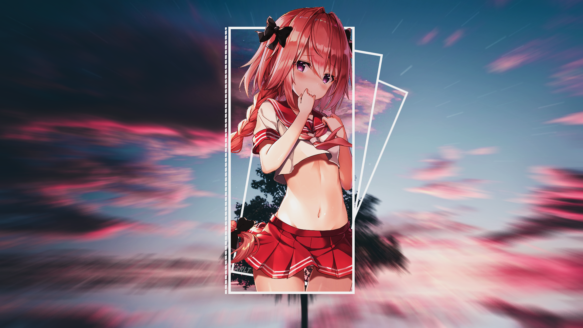 Anime 1920x1080 picture-in-picture anime Astolfo (Fate/Apocrypha) simple background red skirt belly button Hand on mouth red school uniform crop top femboy