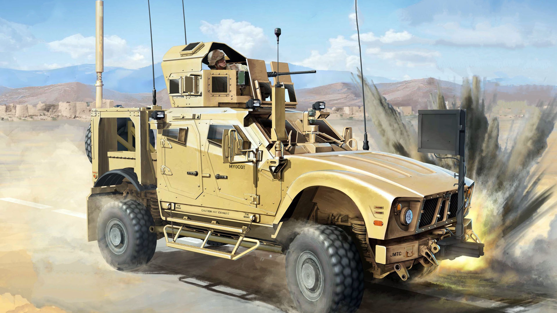 General 1920x1080 vehicle military artwork Oshkosh M-ATV military vehicle MRAP explosion Boxart bombs USA army armor
