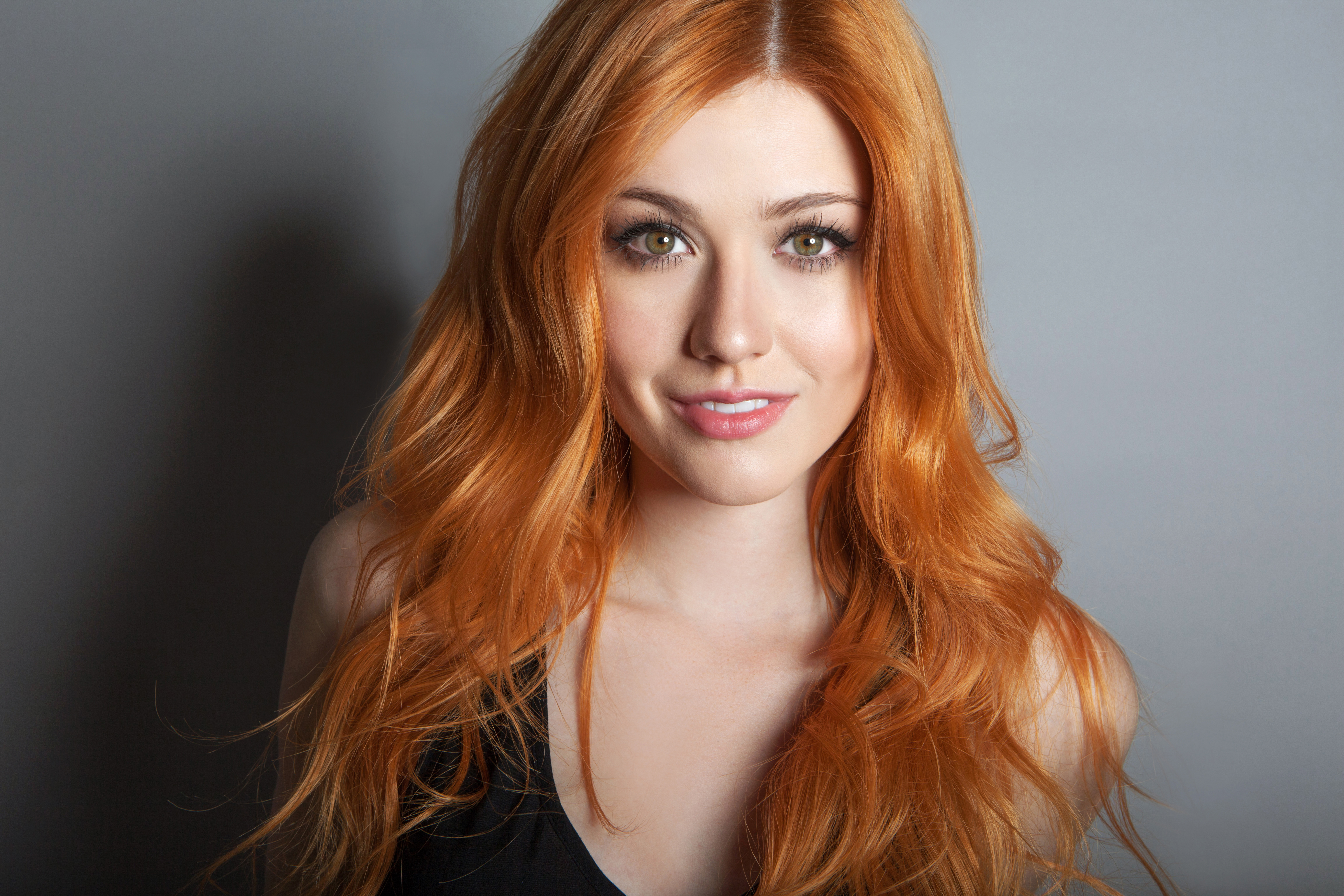 People 6144x4096 women long hair Katherine Mcnamara simple background portrait redhead looking at viewer green eyes