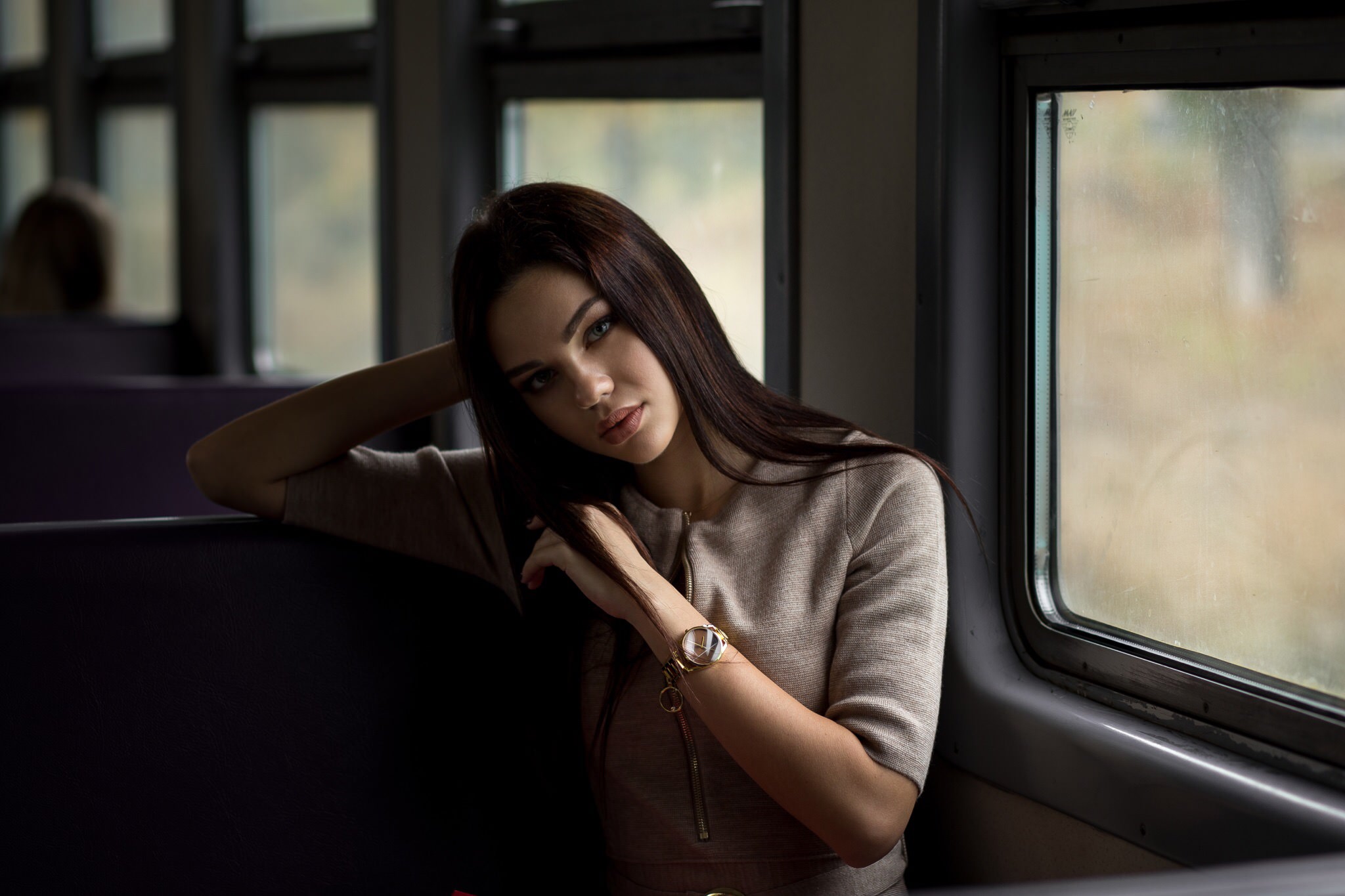 People 2048x1365 women sitting portrait long hair watch train painted nails window