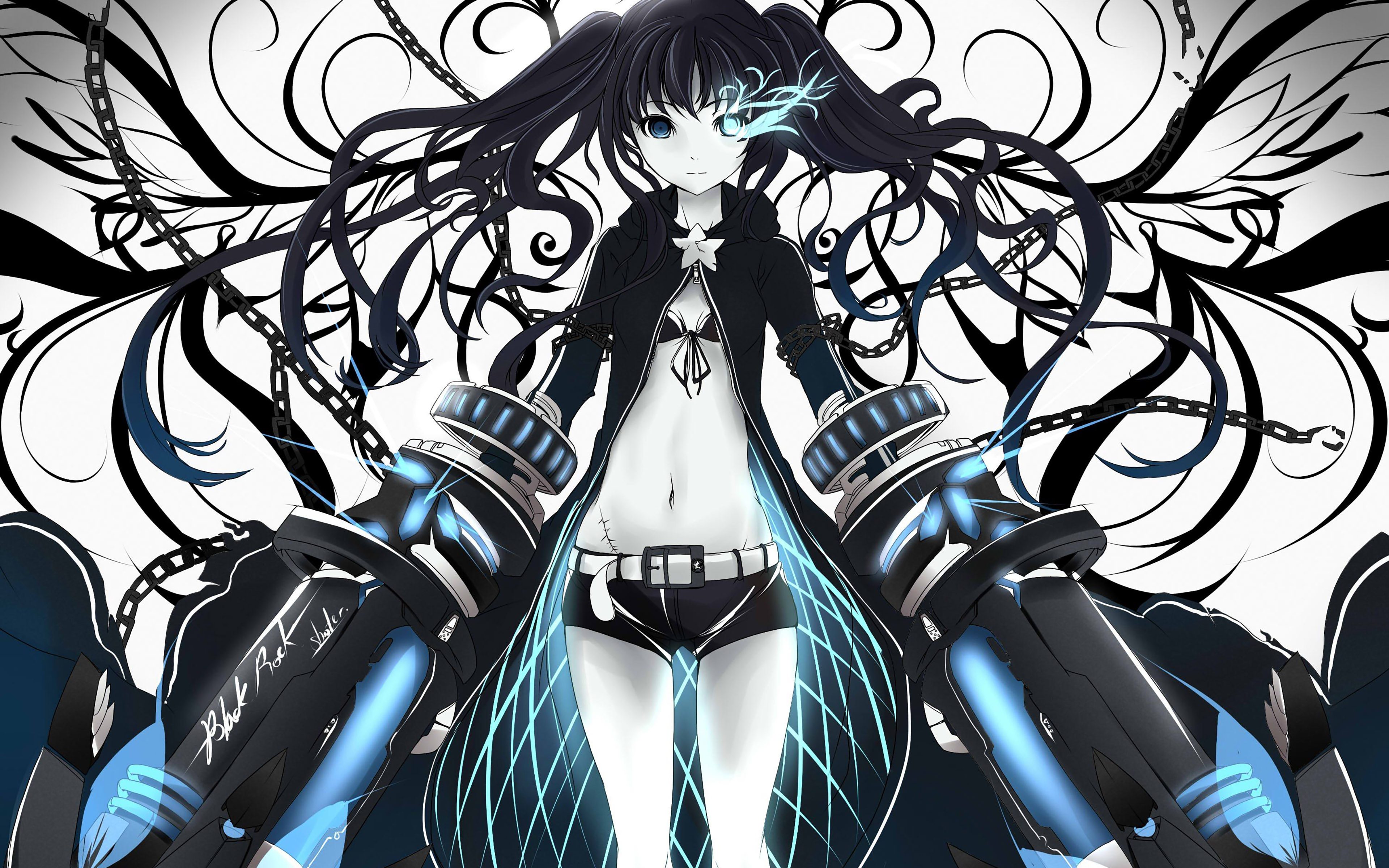 Anime 3840x2400 anime Black Rock Shooter anime girls dark hair pants blue eyes belly long hair cyan