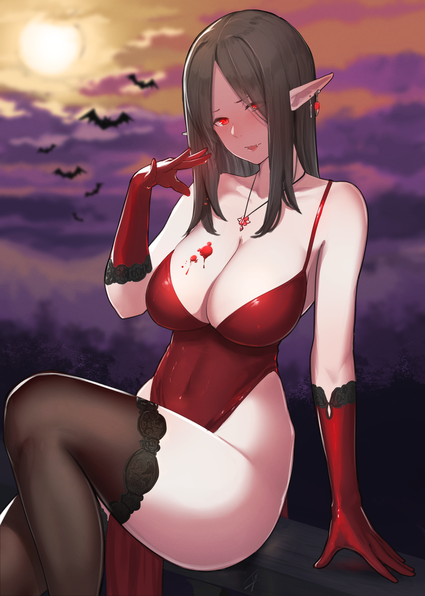 Anime 1426x2000 anime girls anime big boobs original characters red eyes stockings boobs necklace Hayabusa (artist) pointy ears blood