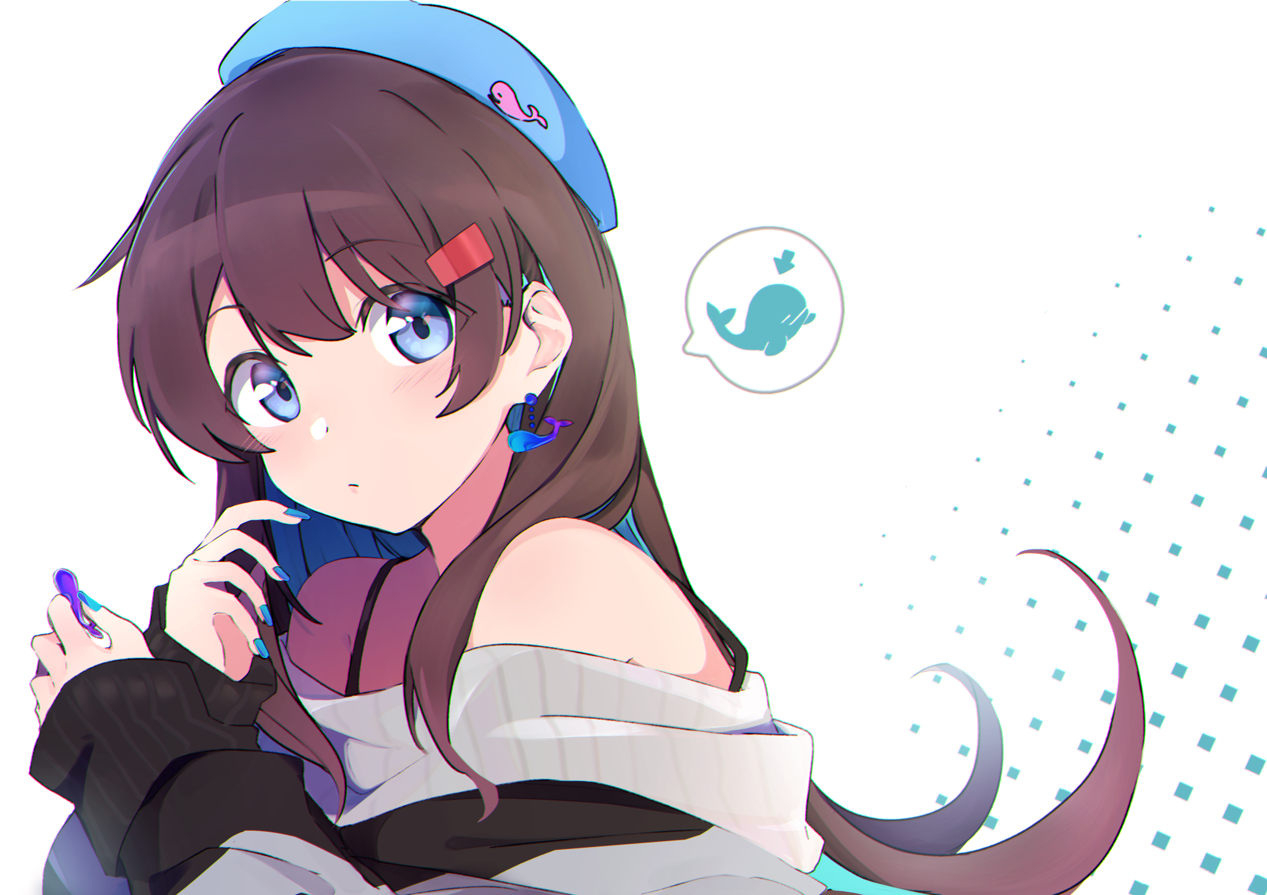 Anime 4093x2894 anime simple background Kazenoko femboy crossdressing long hair original characters earring whale white background closed mouth brunette hair between eyes blue eyes blue nails painted nails nail polish sweater bare shoulders straps