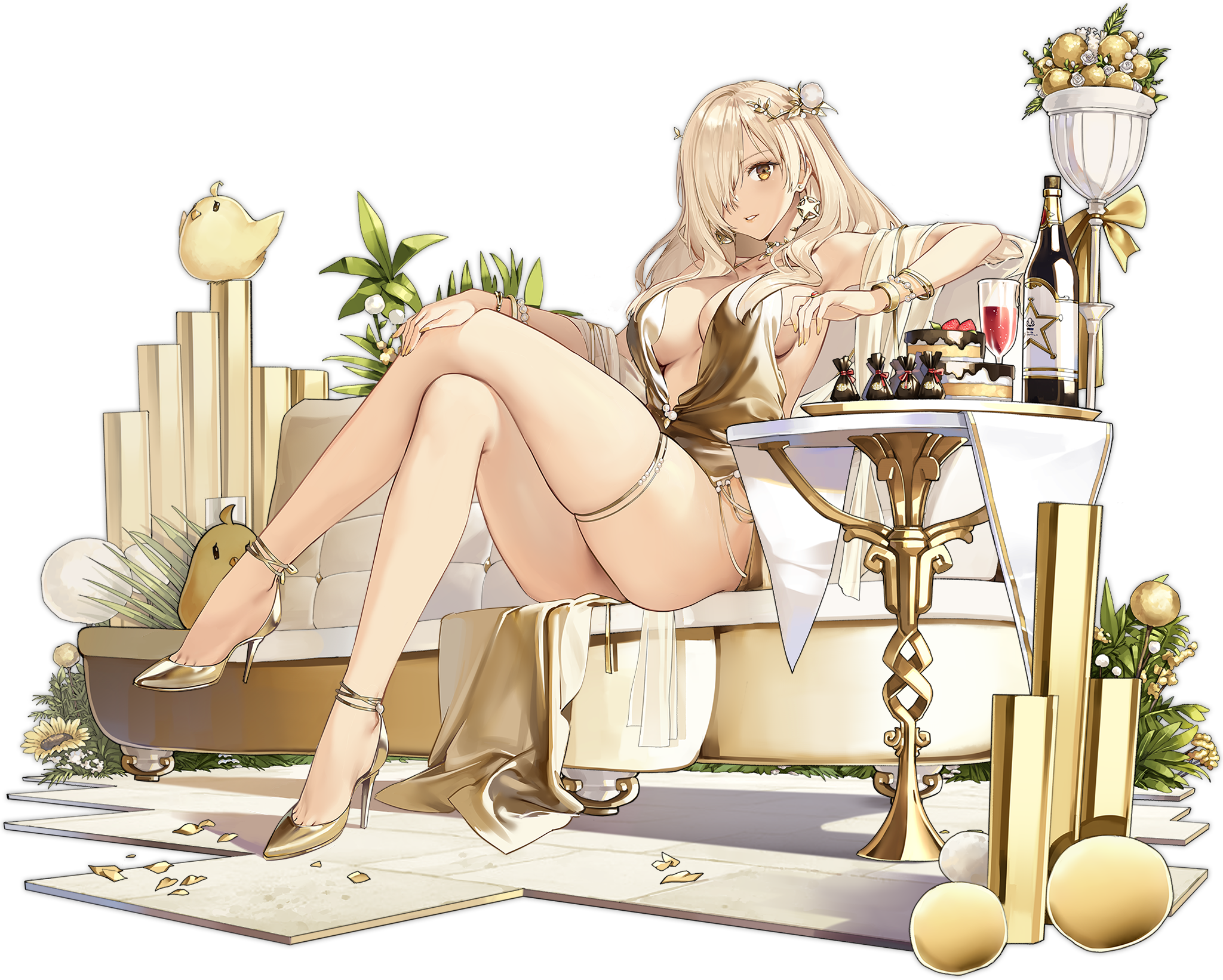 Anime 2048x1642 Azur Lane gold dress Nevada (Azur Lane) boobs anime girls legs crossed legs looking at viewer thighs dress food transparent background yellow heels heels long hair blonde gown hair ornament hair over one eye gold big boobs jewelry flowers wine glass wine thigh strap bottles yellow dress bracelets sitting cake partially clothed cleavage yellow eyes leaves star earrings earring armpits