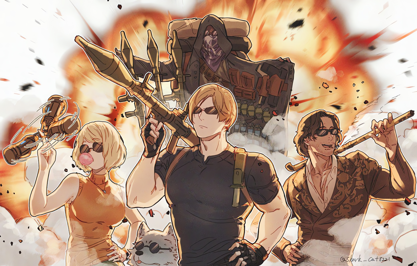 Leon Kennedy, video game characters, video game girls, video game boys,  hands on hips, Resident Evil 4, explosion, sunglasses, video games, dog,  animals, gloves, fingerless gloves, bubble gum, cigarettes, necklace |  1688x1080